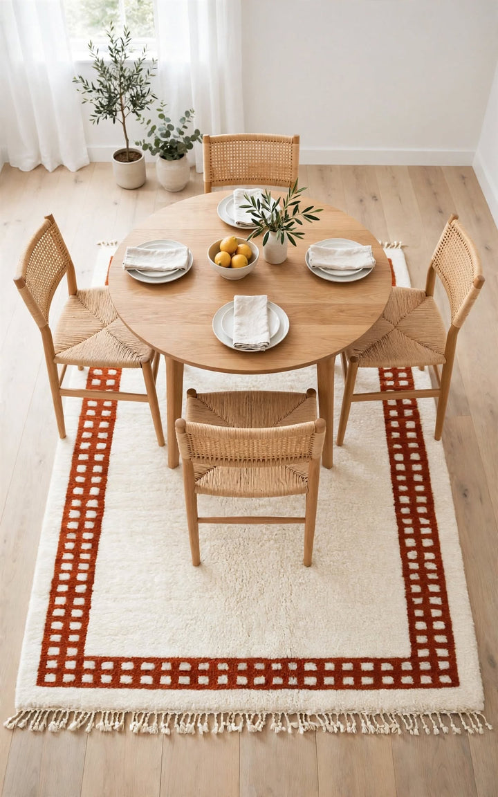 Cream Ivory Moroccan Berber Wool Rug with Terracotta Rust Border, handmade in Bhadohi India – photo 2