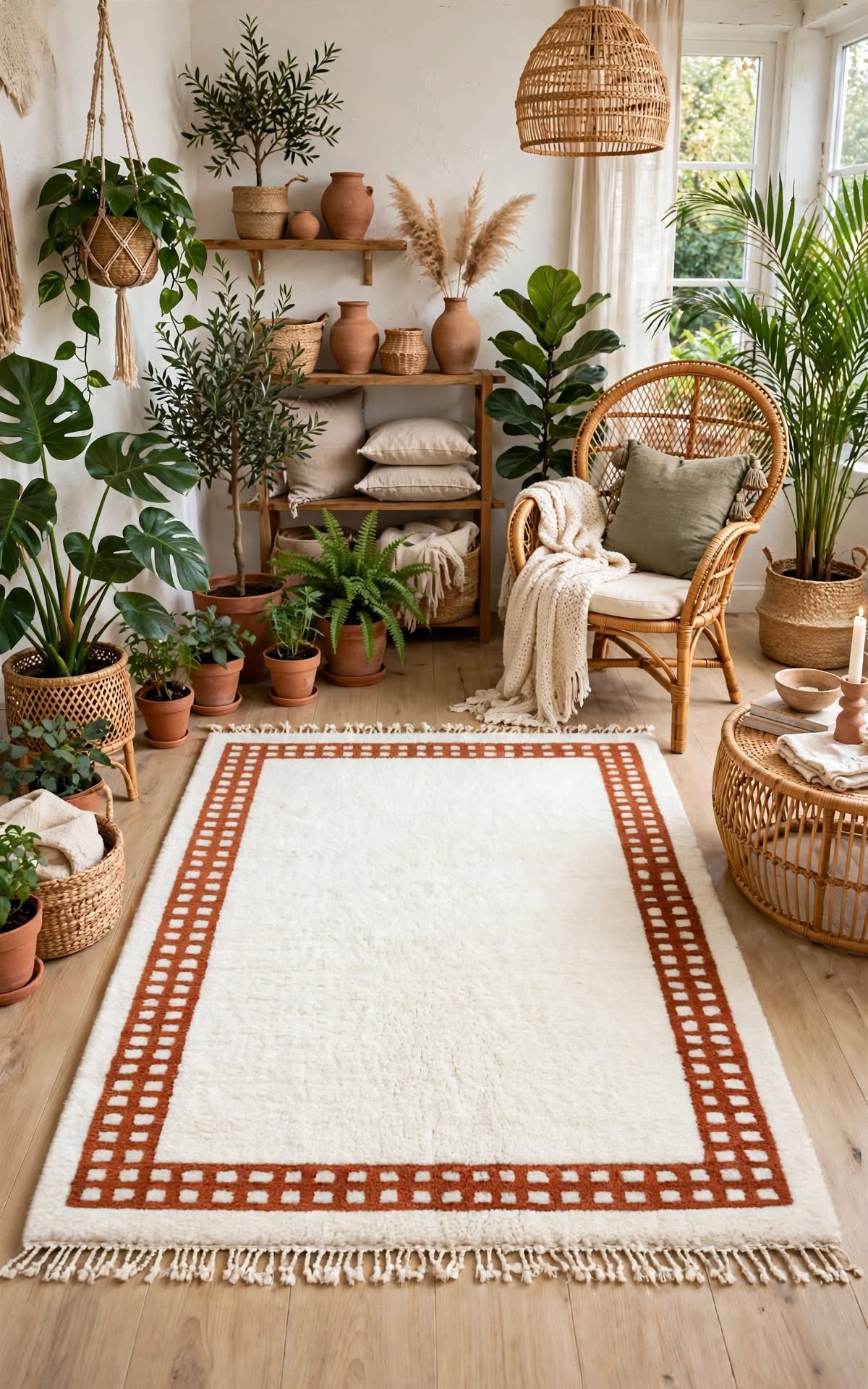 Cream Ivory Moroccan Berber Wool Rug with Terracotta Rust Border, handmade in Bhadohi India – photo 11