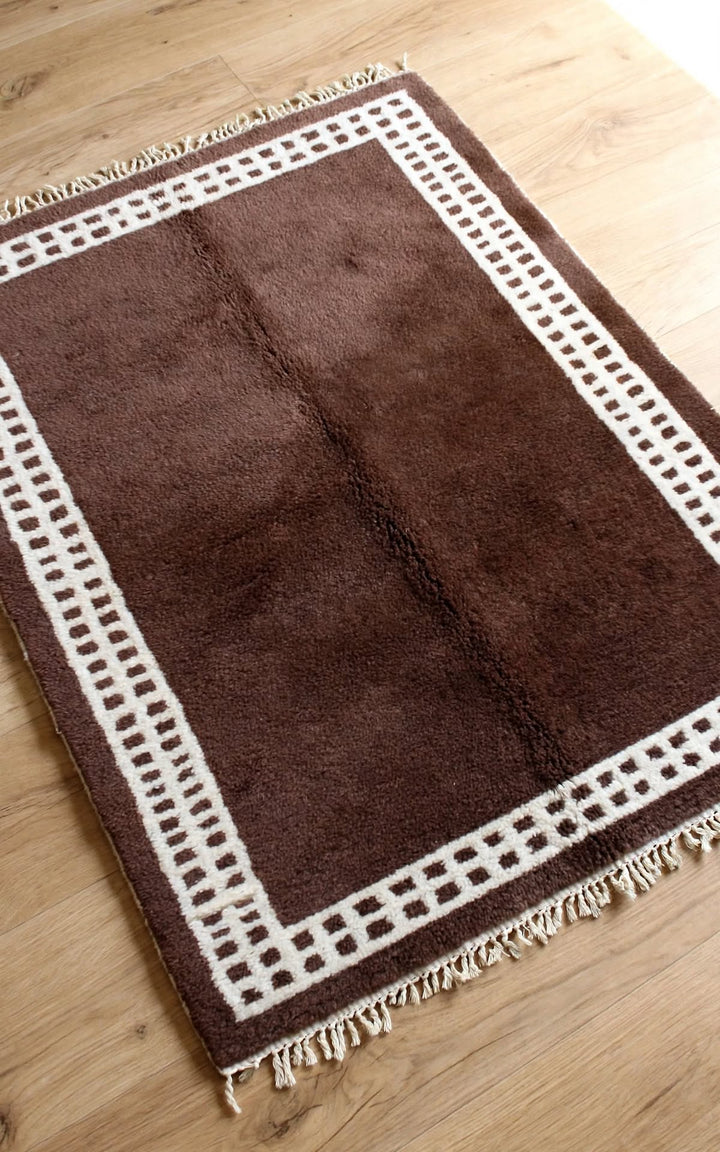 Dark Chocolate Brown Moroccan Berber Wool Rug with Cream Border, handmade in Bhadohi India – photo 2
