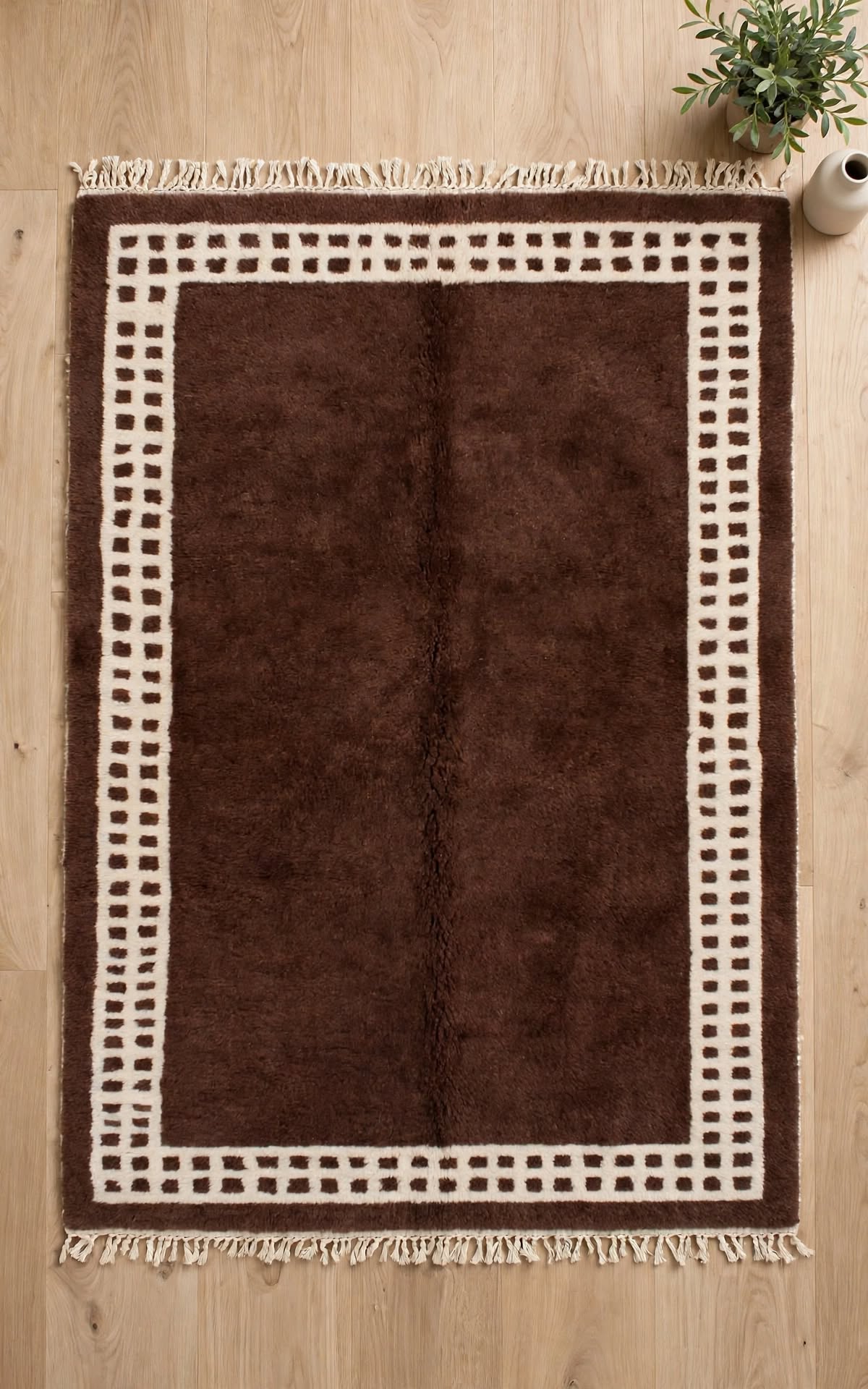 Dark Chocolate Brown Moroccan Berber Wool Rug with Cream Border, handmade in Bhadohi India – photo 7