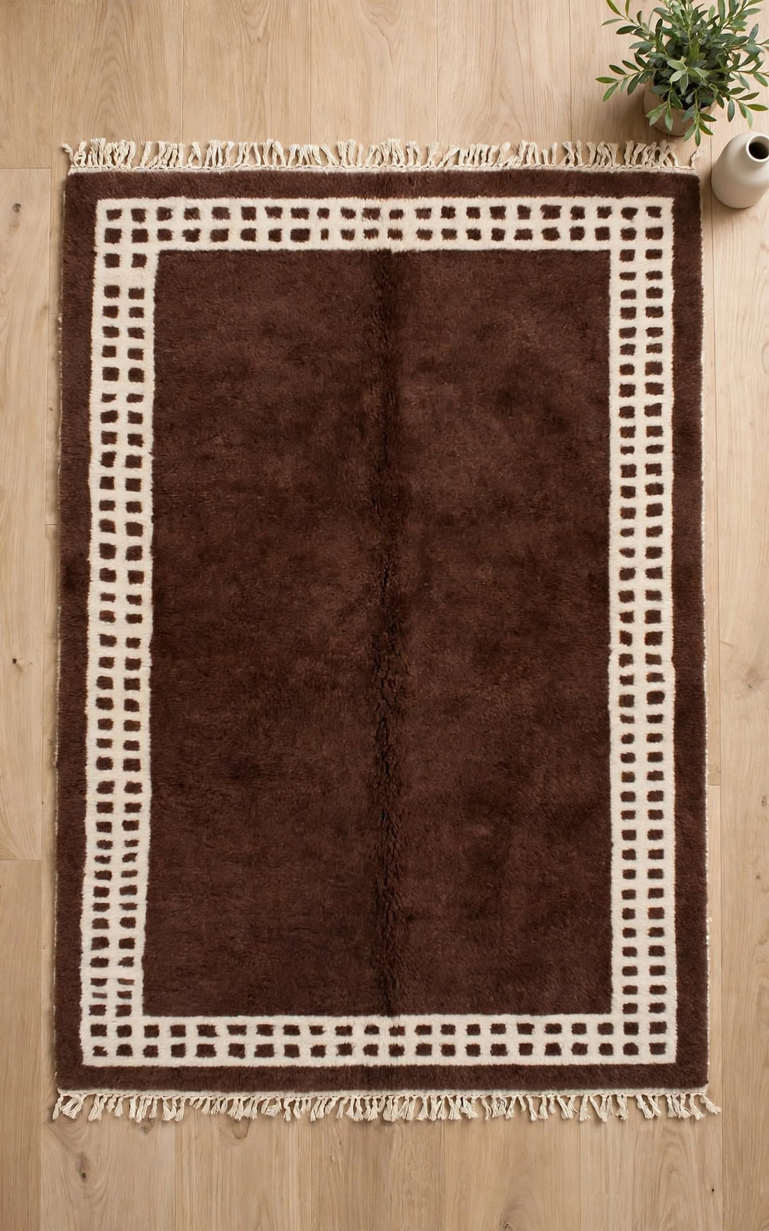Dark Chocolate Brown Moroccan Berber Wool Rug with Cream Border, handmade in Bhadohi India – photo 7