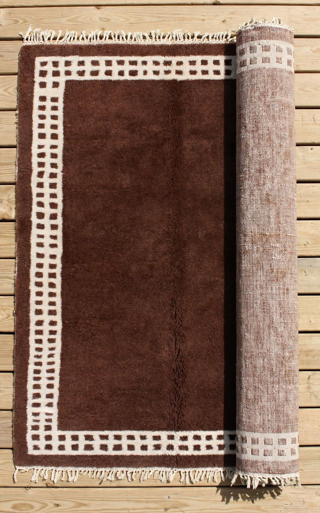 Dark Chocolate Brown Moroccan Berber Wool Rug with Cream Border, handmade in Bhadohi India – photo 8