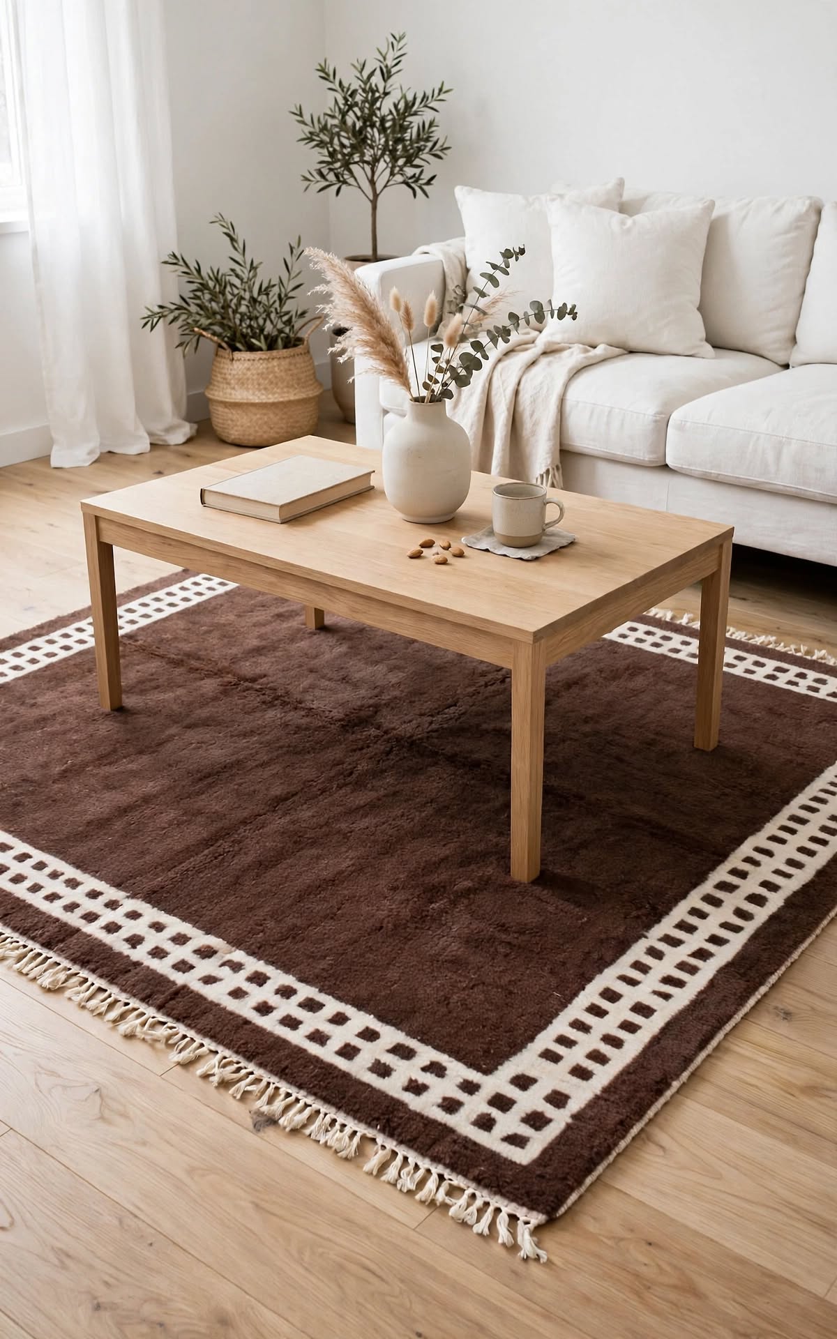 Dark Chocolate Brown Moroccan Berber Wool Rug with Cream Border, handmade in Bhadohi India – photo 1