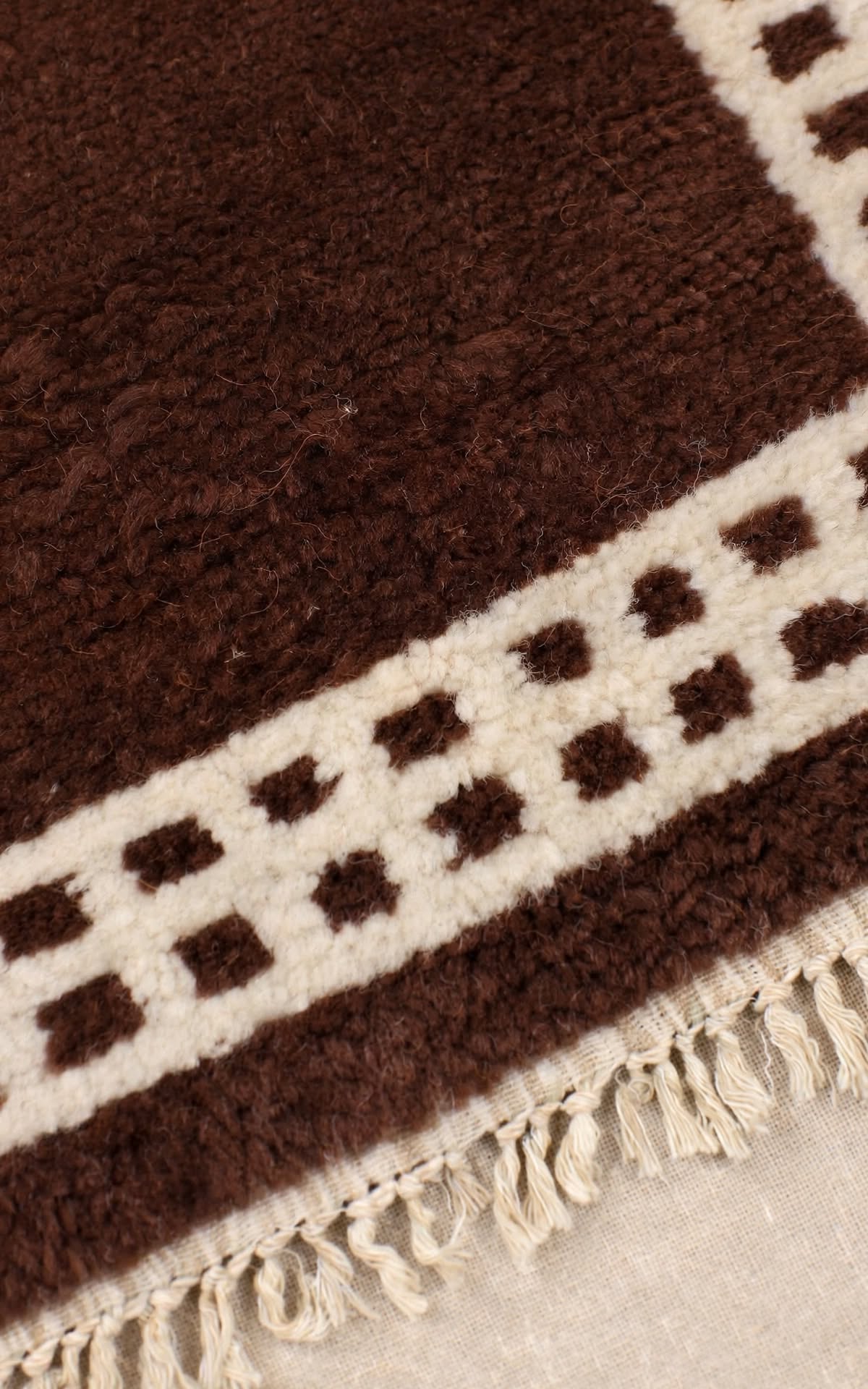 Dark Chocolate Brown Moroccan Berber Wool Rug with Cream Border, handmade in Bhadohi India – photo 4