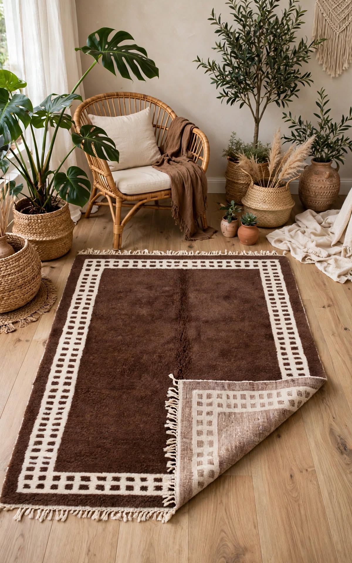 Dark Chocolate Brown Moroccan Berber Wool Rug with Cream Border, handmade in Bhadohi India – photo 9