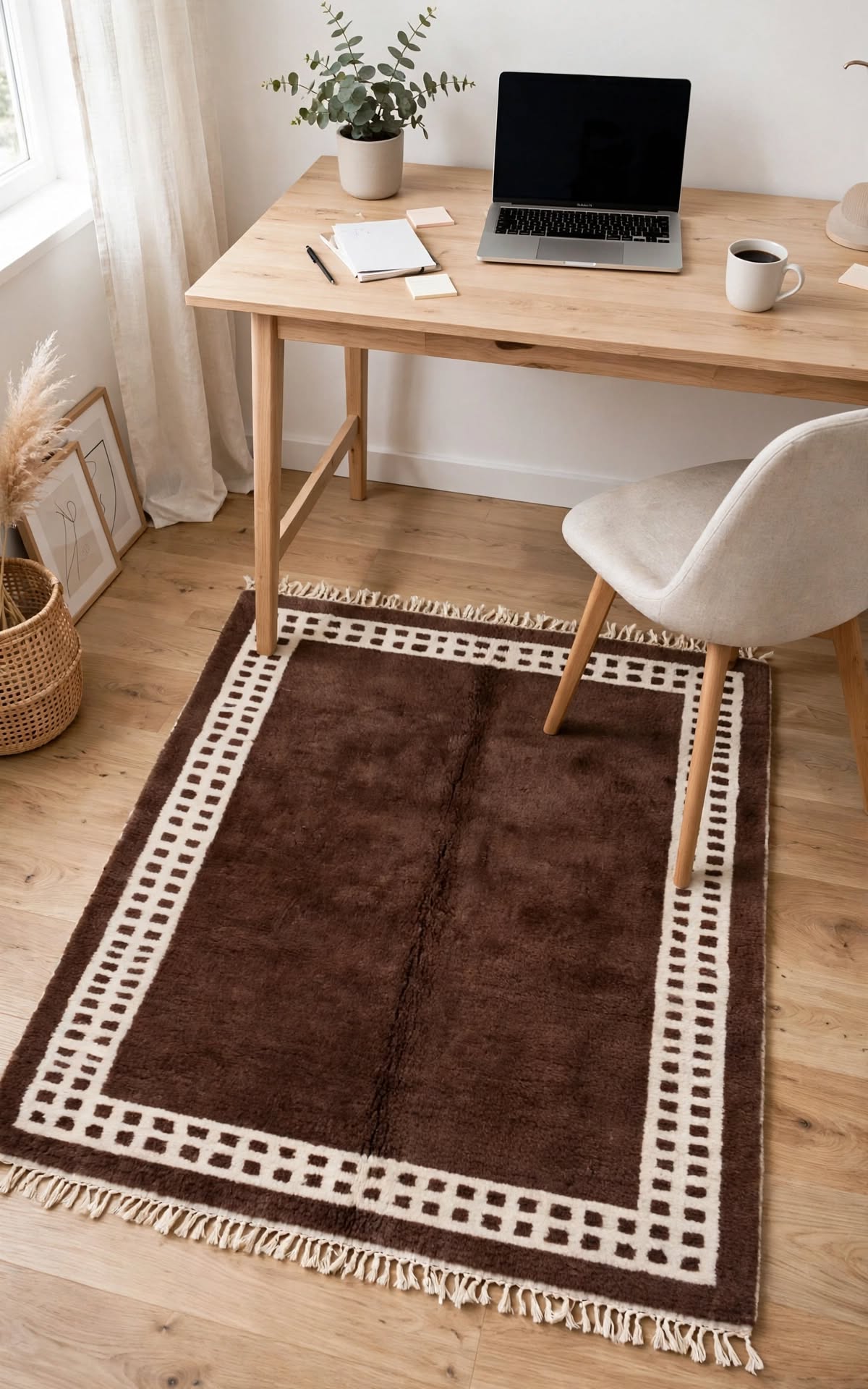 Dark Chocolate Brown Moroccan Berber Wool Rug with Cream Border, handmade in Bhadohi India – photo 10