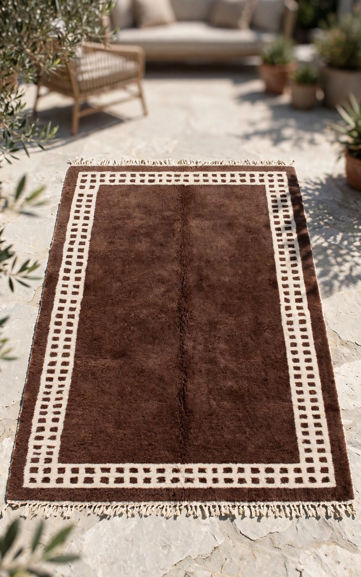 Dark Chocolate Brown Moroccan Berber Wool Rug with Cream Border, handmade in Bhadohi India – photo 11