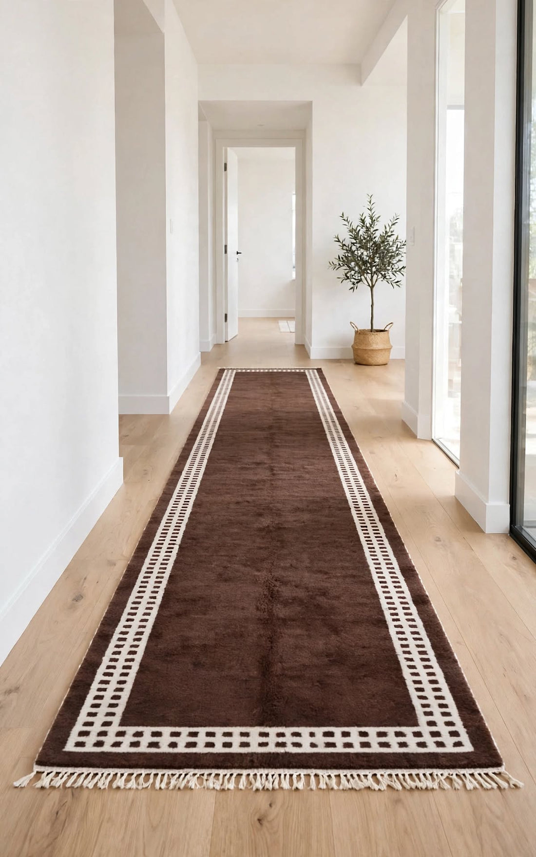 Dark Chocolate Brown Moroccan Berber Wool Rug with Cream Border, handmade in Bhadohi India – photo 6