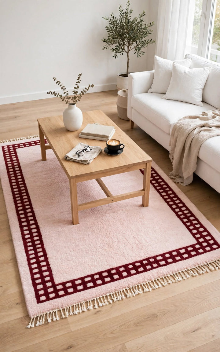 Soft Dusty Pink Moroccan Berber Wool Rug with Magenta Border, handmade in Bhadohi India – photo 1