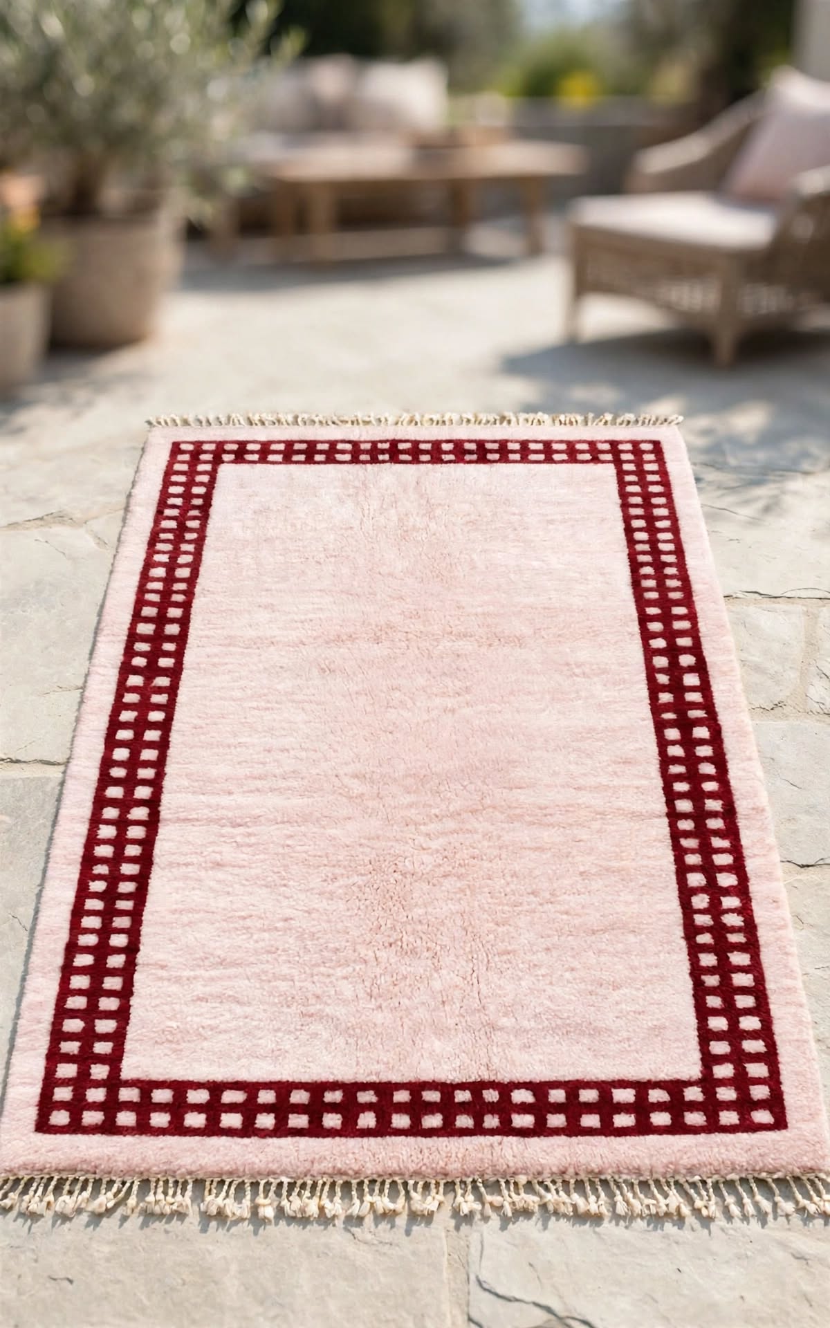 Soft Dusty Pink Moroccan Berber Wool Rug with Magenta Border, handmade in Bhadohi India – photo 5