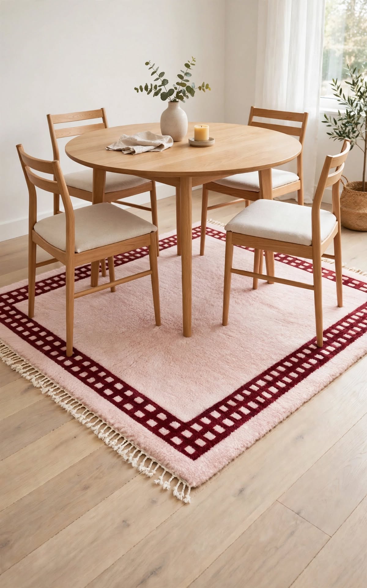Soft Dusty Pink Moroccan Berber Wool Rug with Magenta Border, handmade in Bhadohi India – photo 2