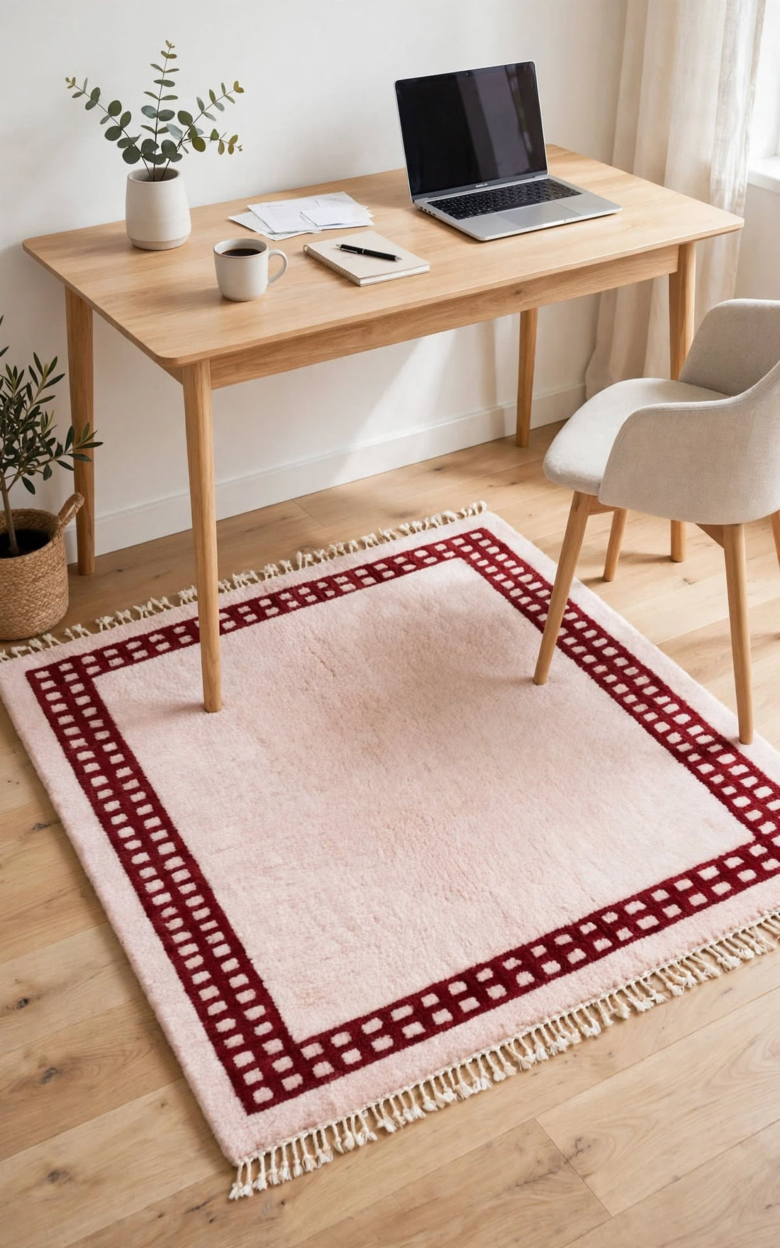 Soft Dusty Pink Moroccan Berber Wool Rug with Magenta Border, handmade in Bhadohi India – photo 6