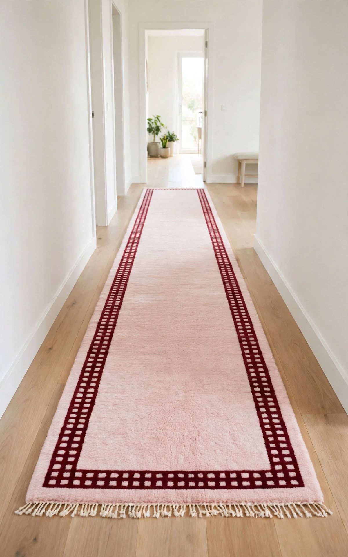 Soft Dusty Pink Moroccan Berber Wool Rug with Magenta Border, handmade in Bhadohi India – photo 8