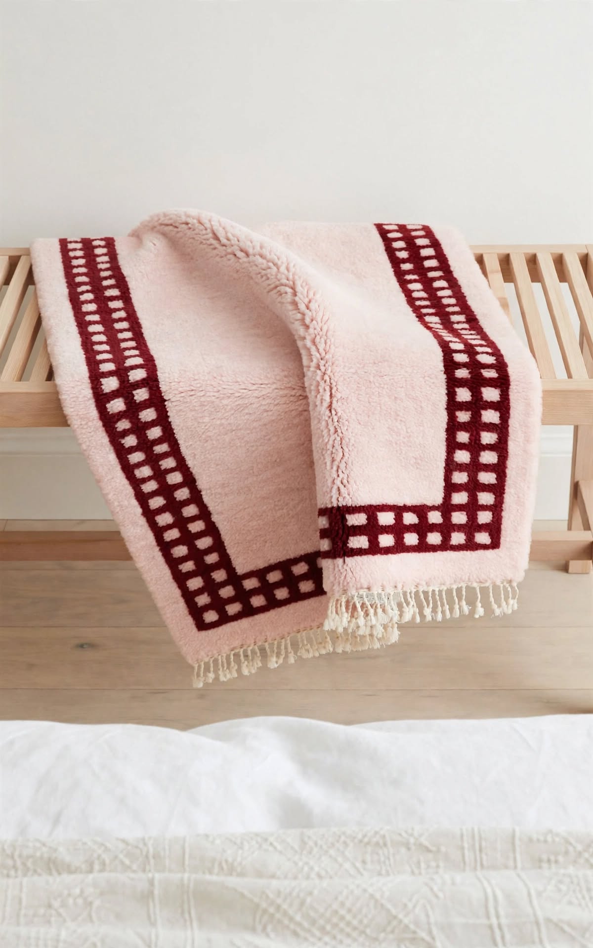Soft Dusty Pink Moroccan Berber Wool Rug with Magenta Border, handmade in Bhadohi India – photo 9