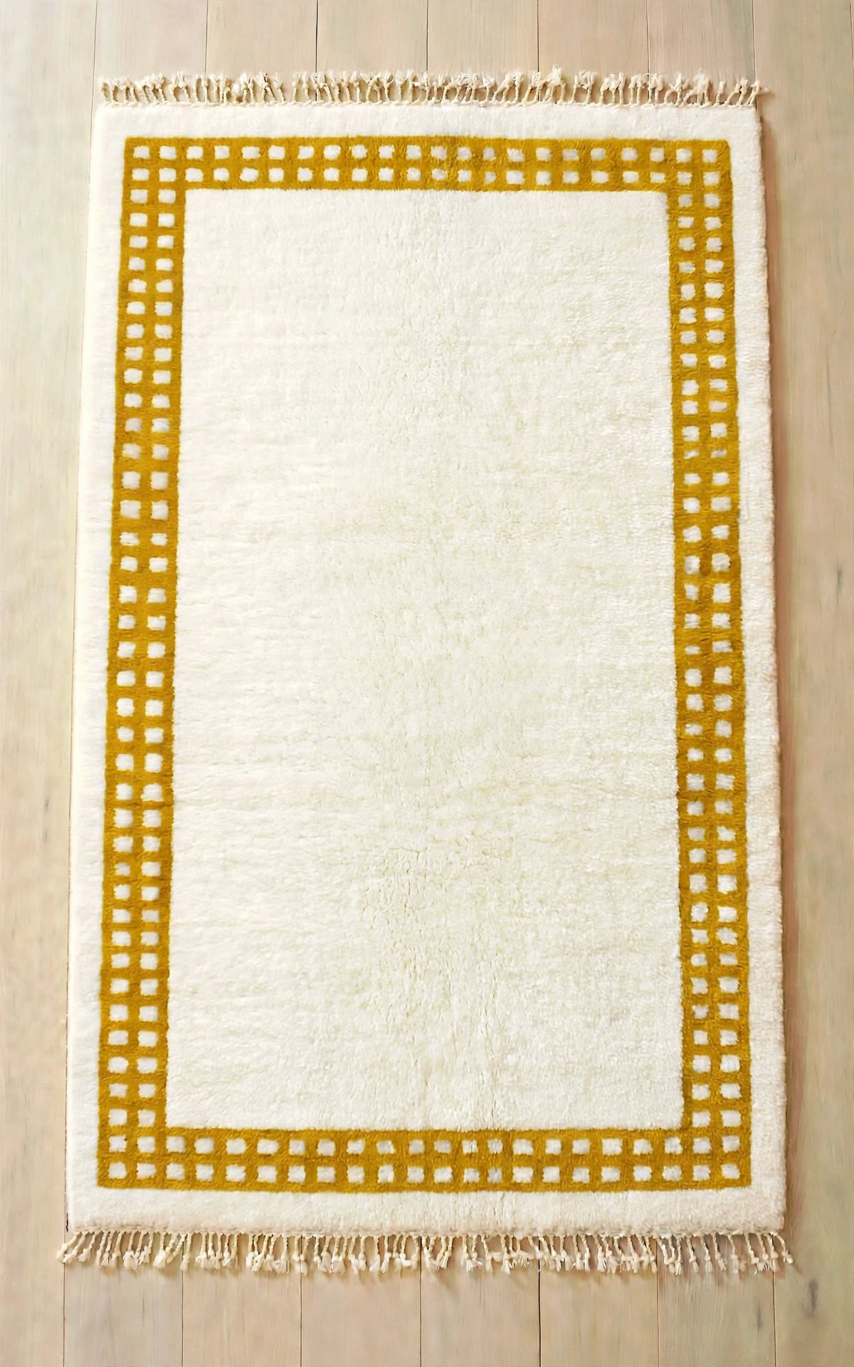 Cream Ivory Moroccan Berber Wool Rug with Mustard Yellow Border, handmade in Bhadohi India – photo 9