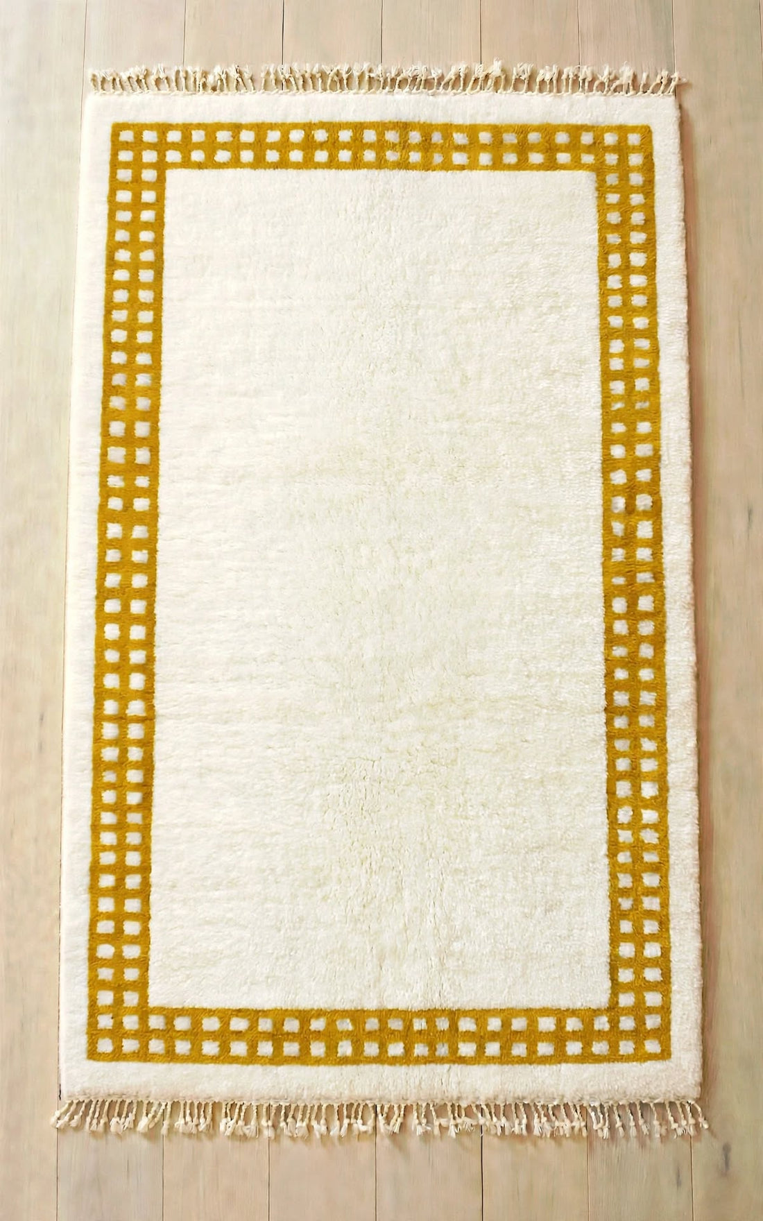 Cream Ivory Moroccan Berber Wool Rug with Mustard Yellow Border, handmade in Bhadohi India – photo 9