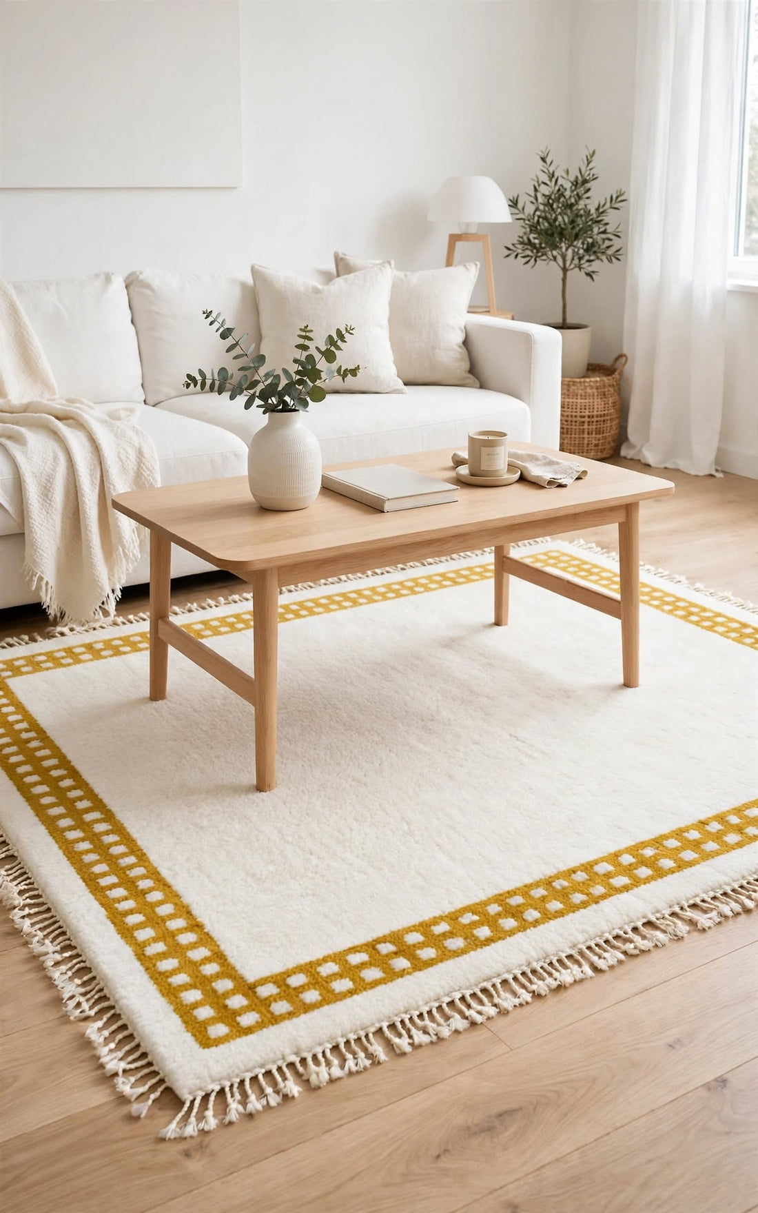 Cream Ivory Moroccan Berber Wool Rug with Mustard Yellow Border, handmade in Bhadohi India – photo 4