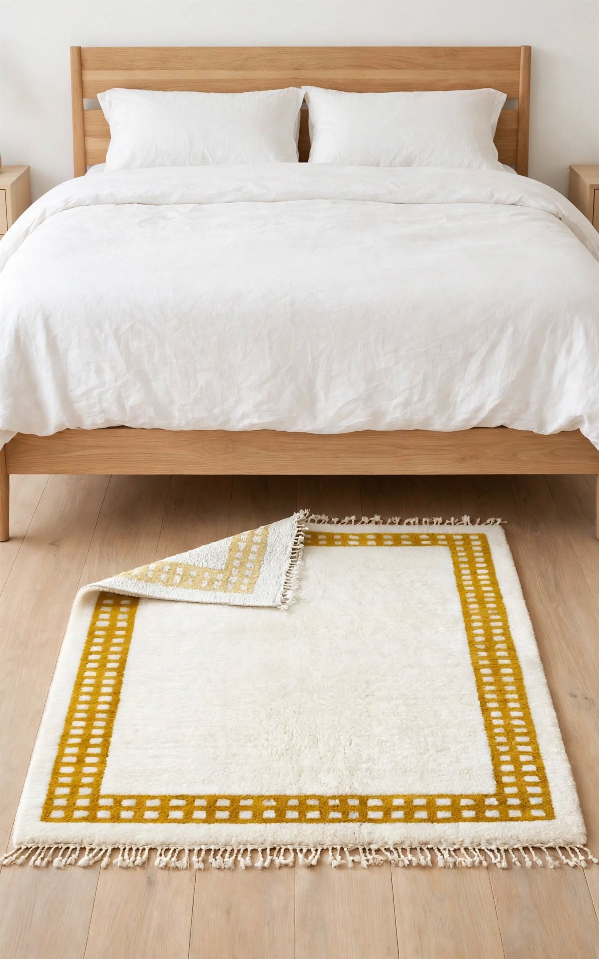Cream Ivory Moroccan Berber Wool Rug with Mustard Yellow Border, handmade in Bhadohi India – photo 7