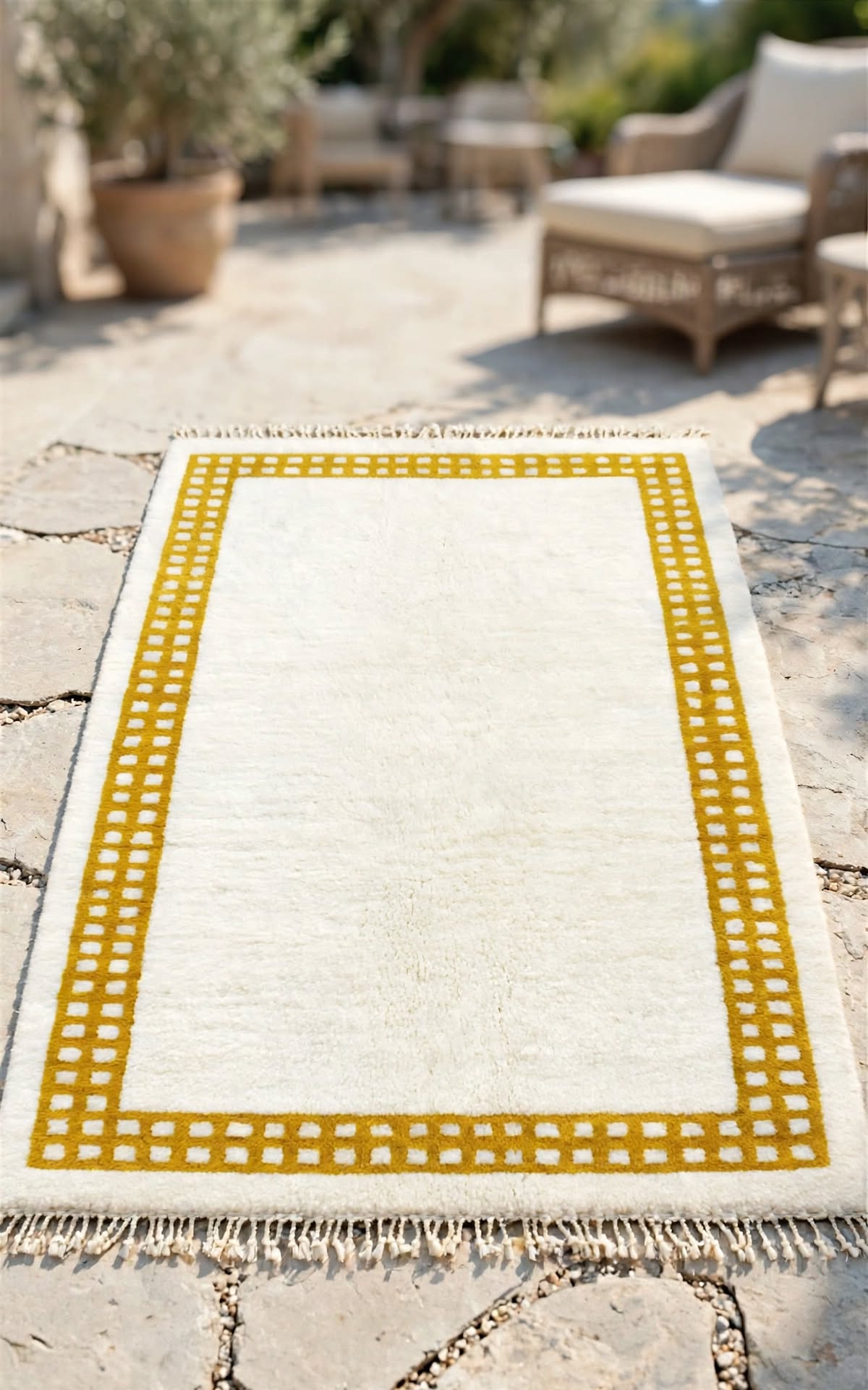 Cream Ivory Moroccan Berber Wool Rug with Mustard Yellow Border, handmade in Bhadohi India – photo 8