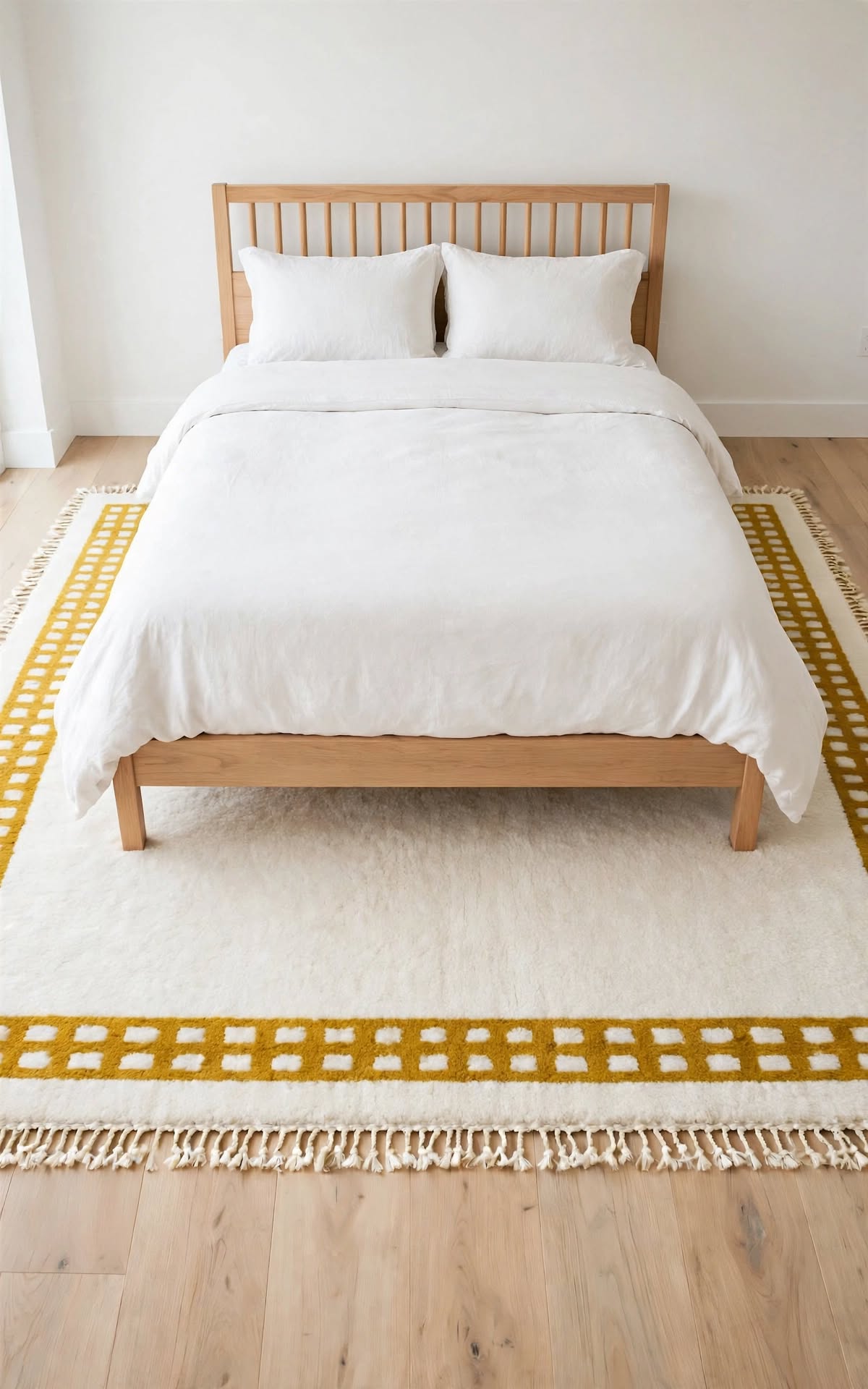 Cream Ivory Moroccan Berber Wool Rug with Mustard Yellow Border, handmade in Bhadohi India – photo 1