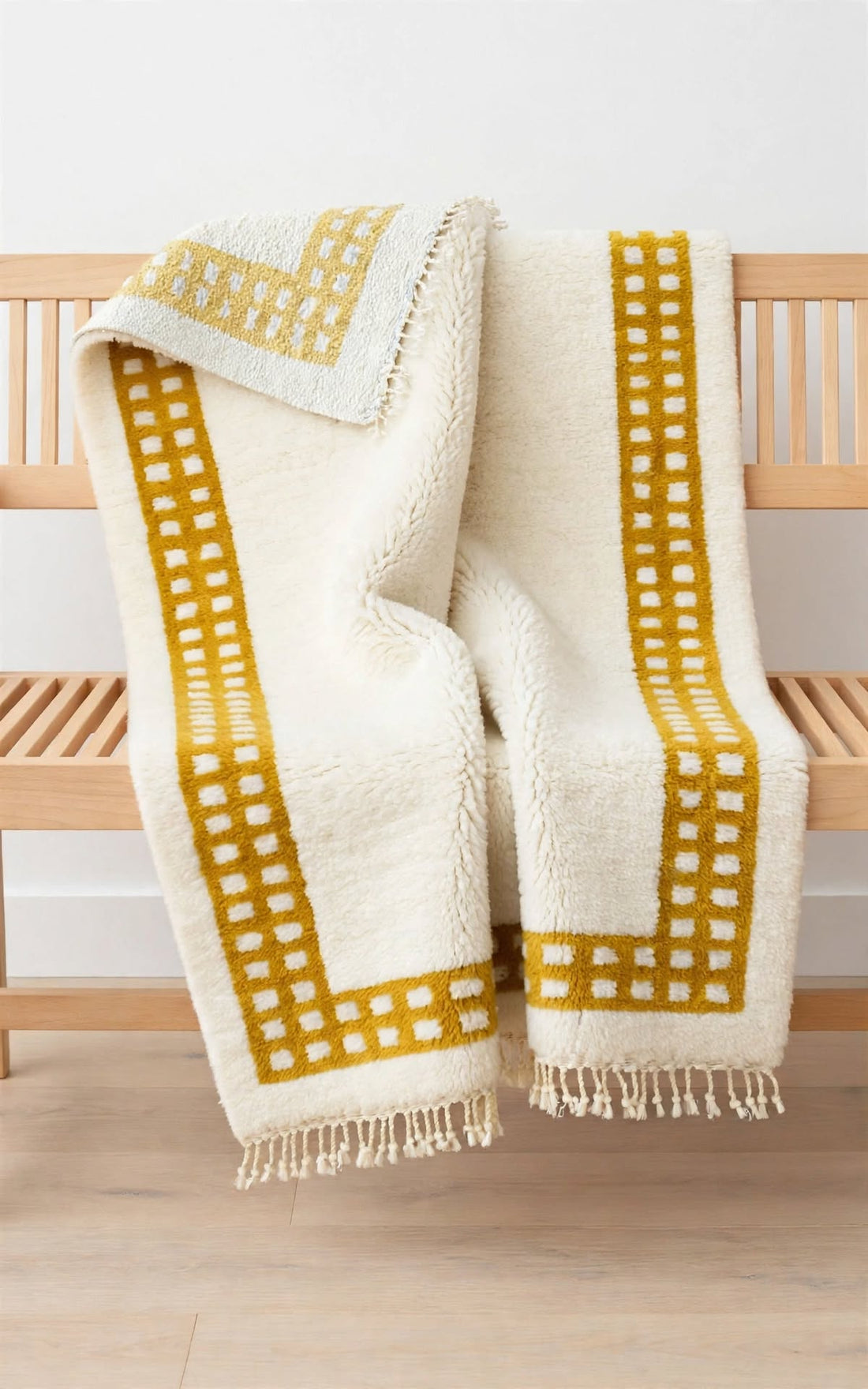 Cream Ivory Moroccan Berber Wool Rug with Mustard Yellow Border, handmade in Bhadohi India – photo 3