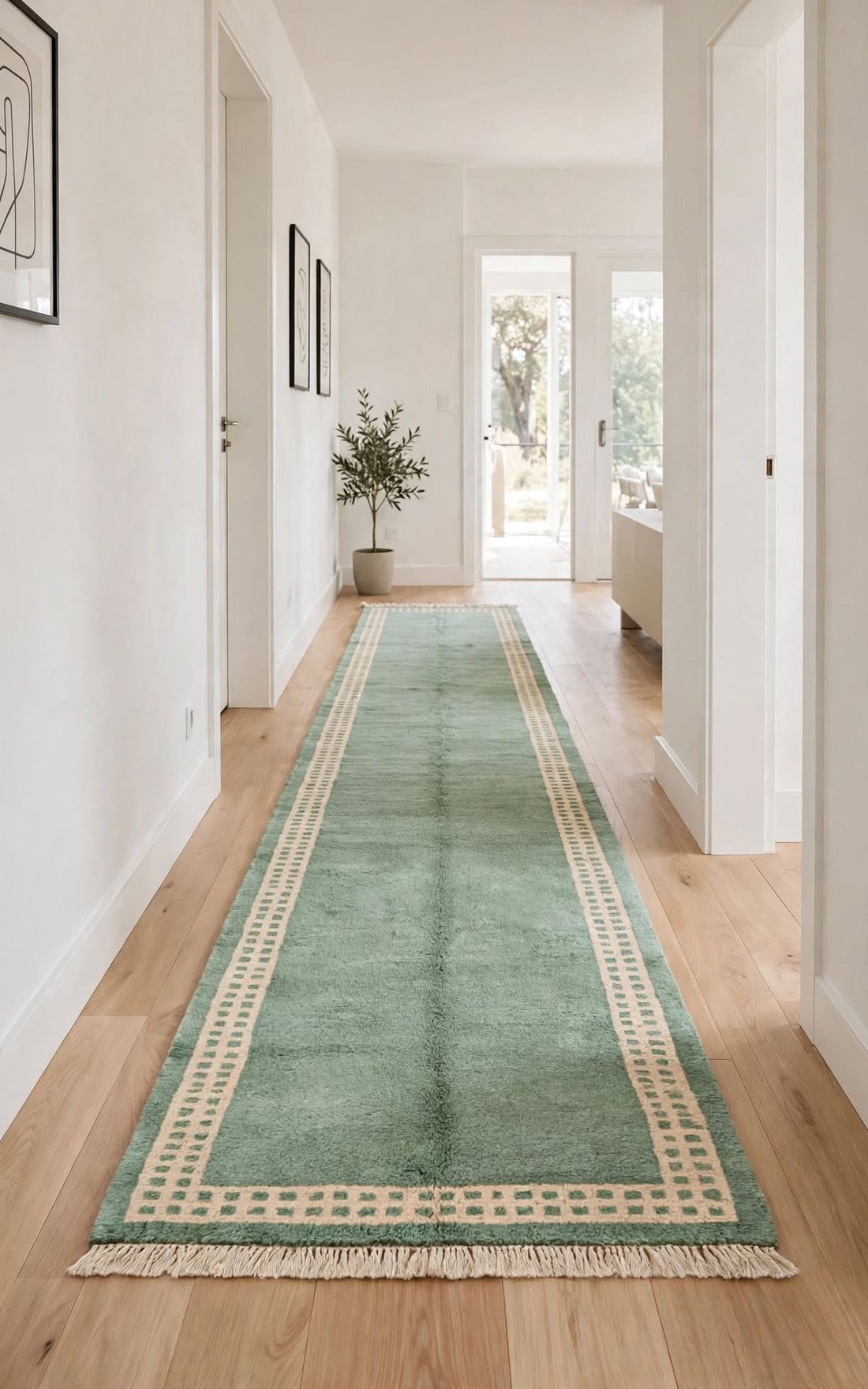 Cream Ivory Moroccan Berber Wool Rug with Navy Blue Border – Design 2, handmade in Bhadohi India – photo 10