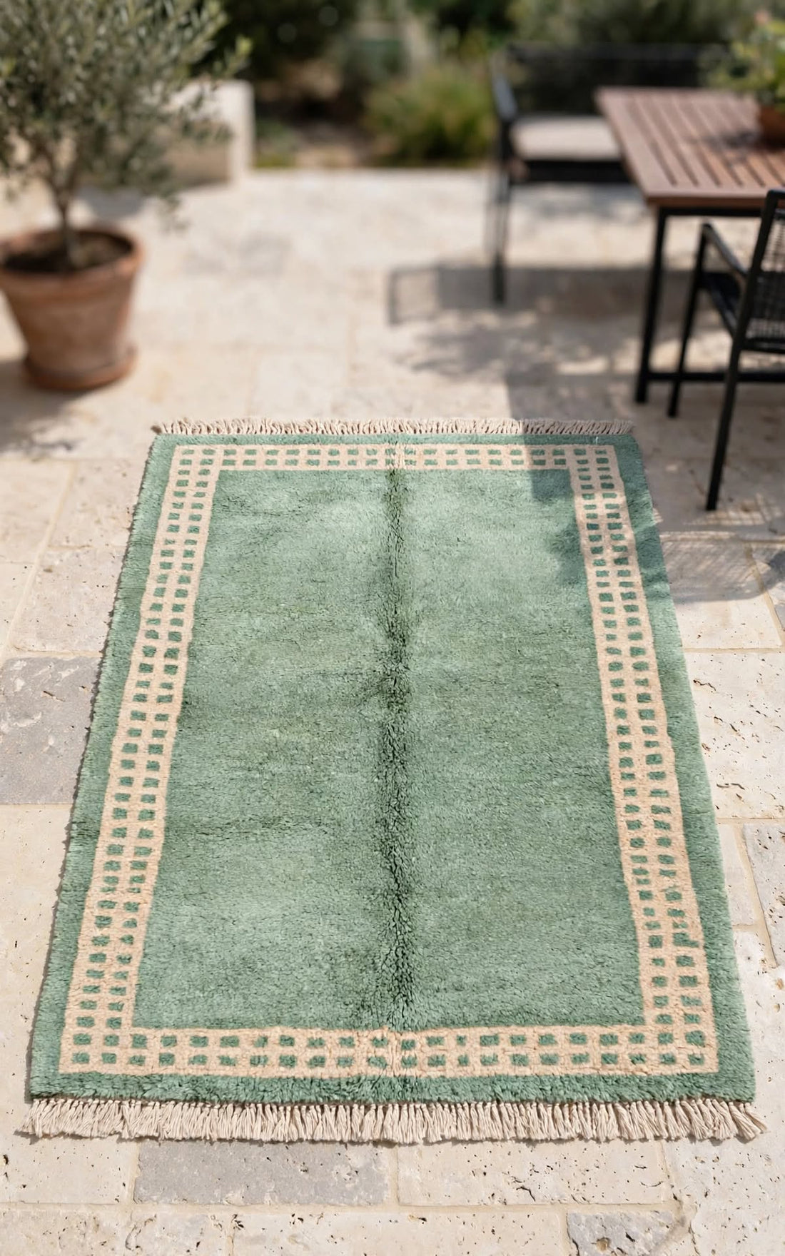 Cream Ivory Moroccan Berber Wool Rug with Navy Blue Border – Design 2, handmade in Bhadohi India – photo 11