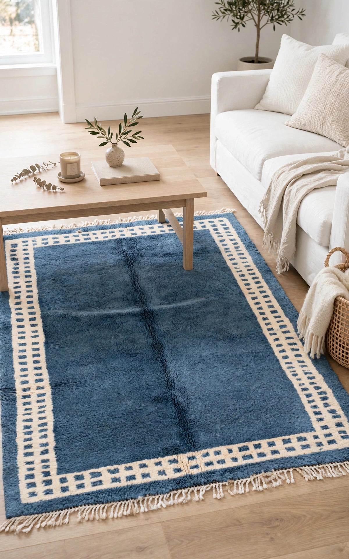Ocean Denim Blue Moroccan Berber Wool Rug with Cream Border, handmade in Bhadohi India – photo 12