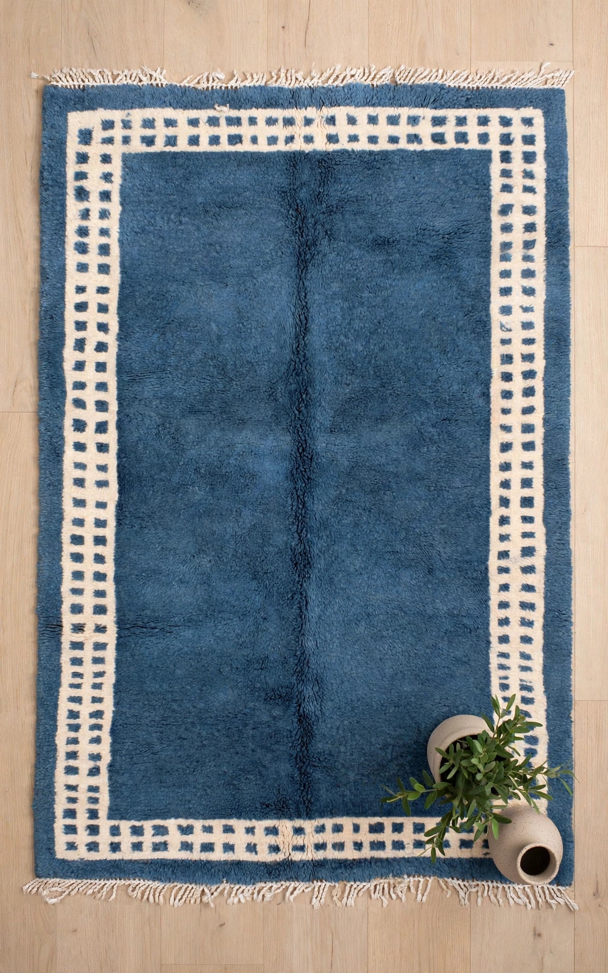 Ocean Denim Blue Moroccan Berber Wool Rug with Cream Border, handmade in Bhadohi India – photo 13