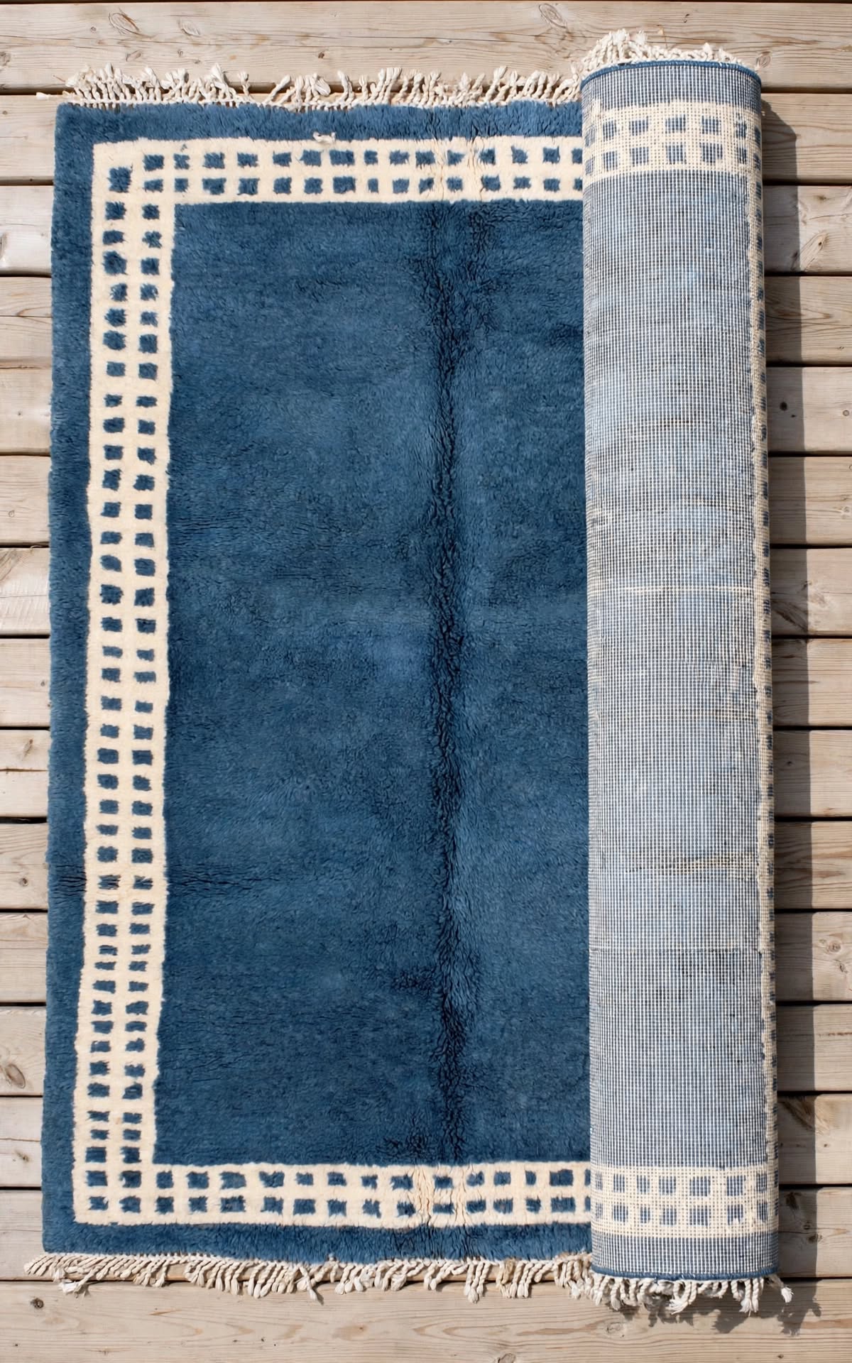 Ocean Denim Blue Moroccan Berber Wool Rug with Cream Border, handmade in Bhadohi India – photo 14