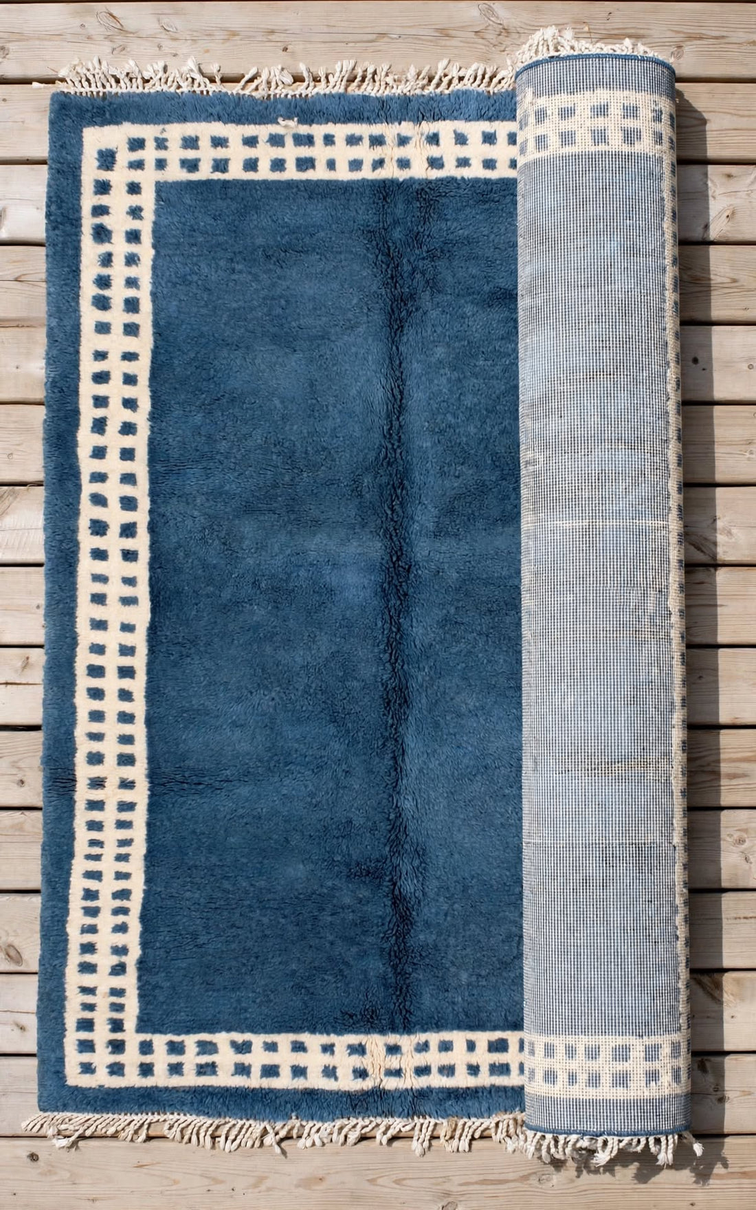 Ocean Denim Blue Moroccan Berber Wool Rug with Cream Border, handmade in Bhadohi India – photo 14