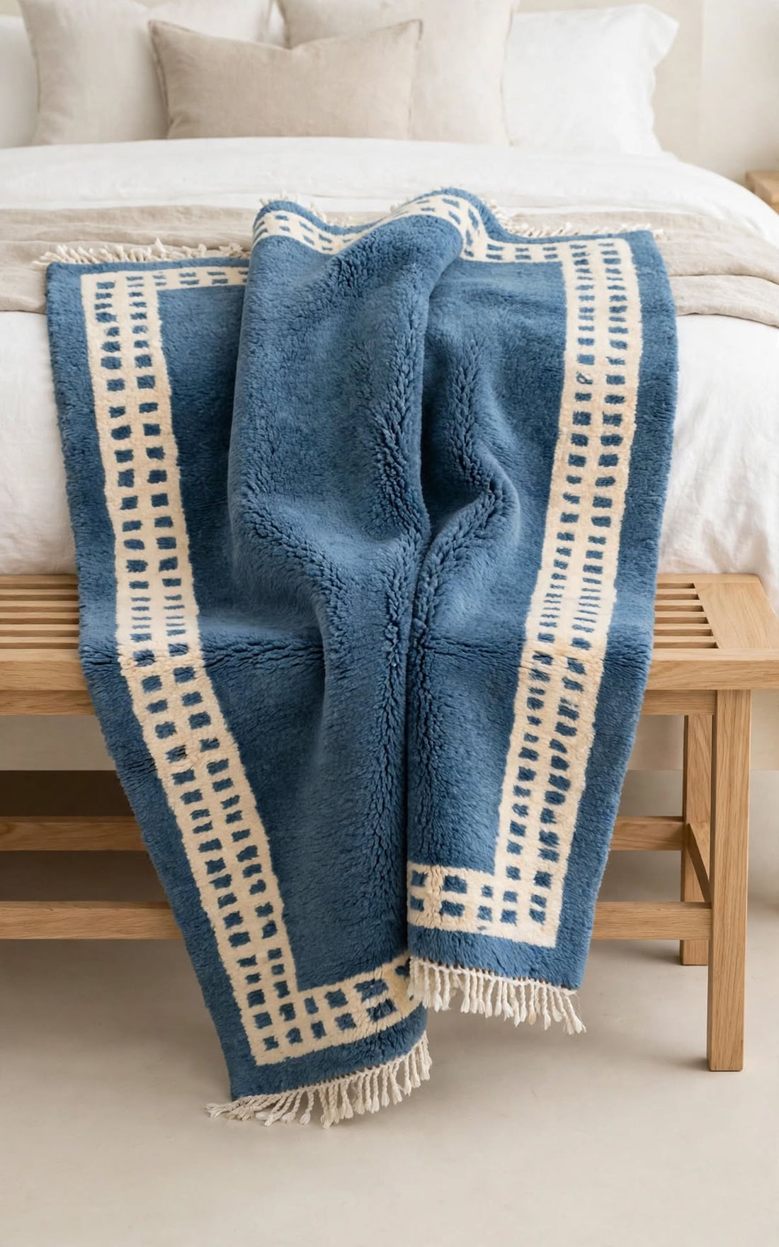 Ocean Denim Blue Moroccan Berber Wool Rug with Cream Border, handmade in Bhadohi India – photo 5
