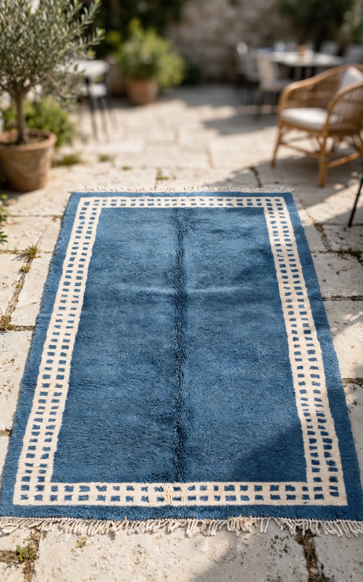 Ocean Denim Blue Moroccan Berber Wool Rug with Cream Border, handmade in Bhadohi India – photo 6