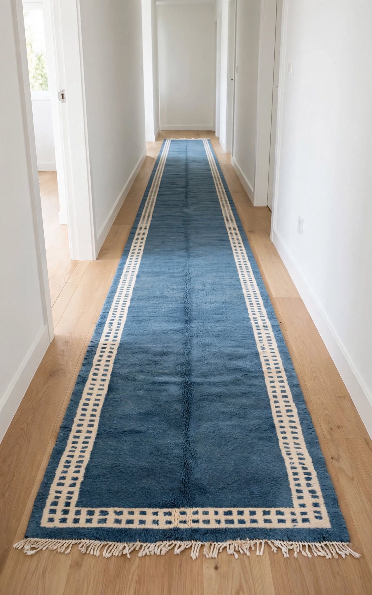 Ocean Denim Blue Moroccan Berber Wool Rug with Cream Border, handmade in Bhadohi India – photo 7