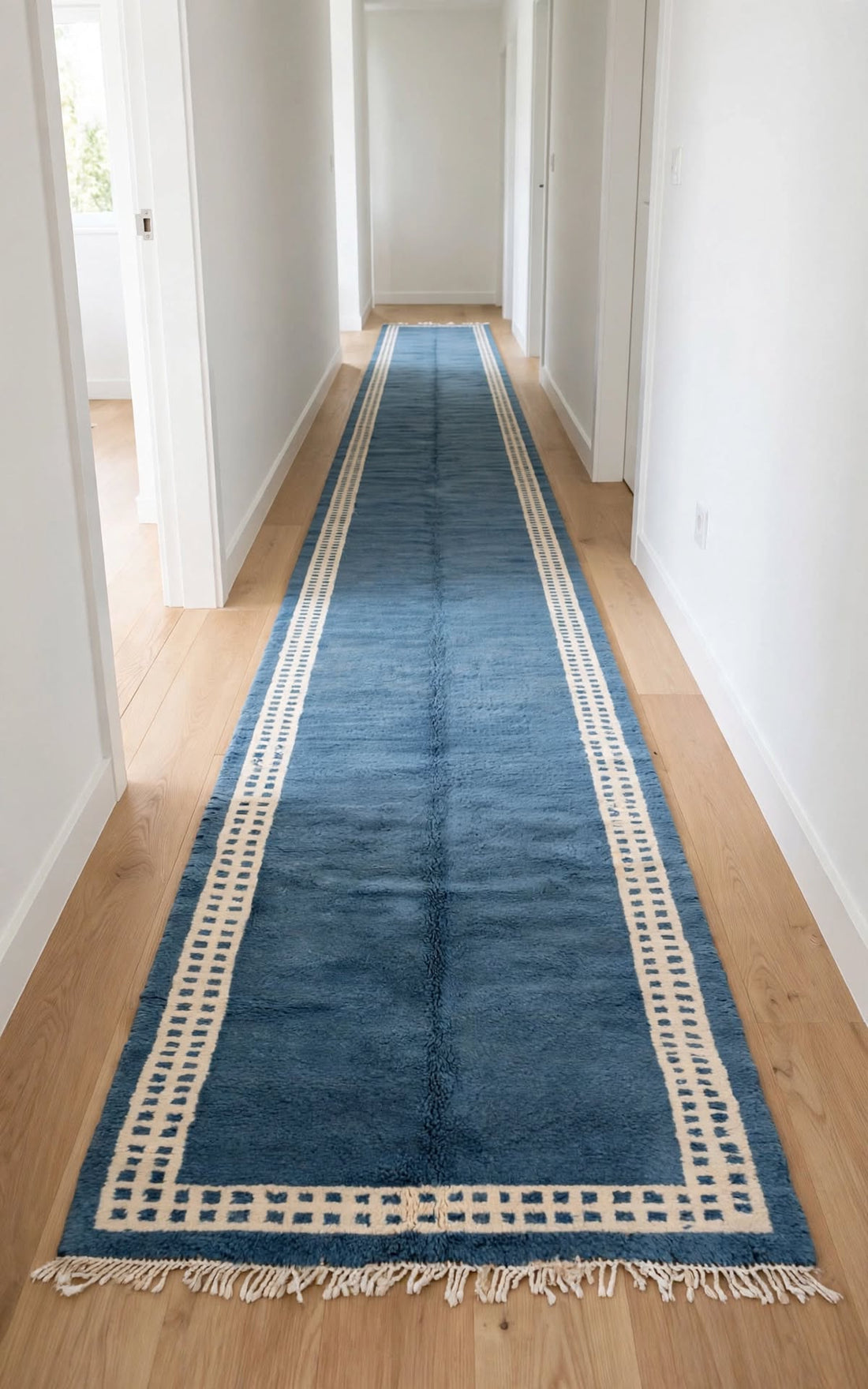 Ocean Denim Blue Moroccan Berber Wool Rug with Cream Border, handmade in Bhadohi India – photo 7