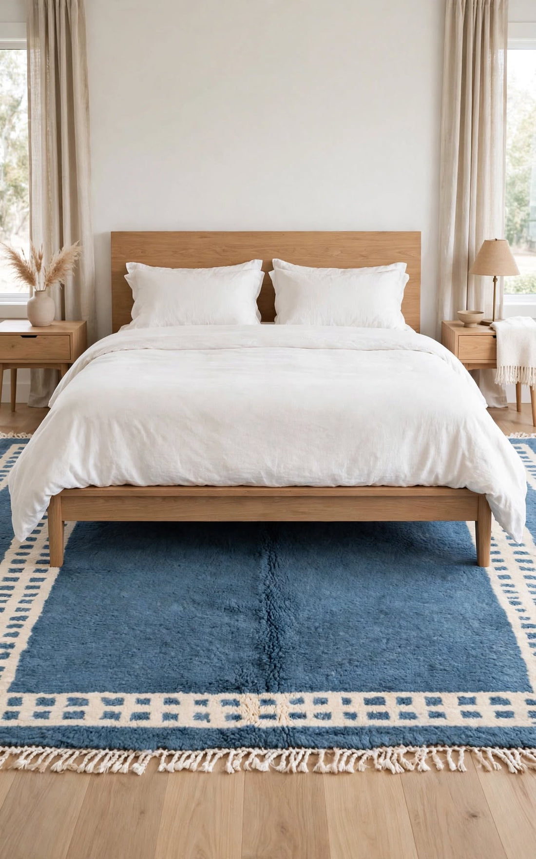 Ocean Denim Blue Moroccan Berber Wool Rug with Cream Border, handmade in Bhadohi India – photo 1