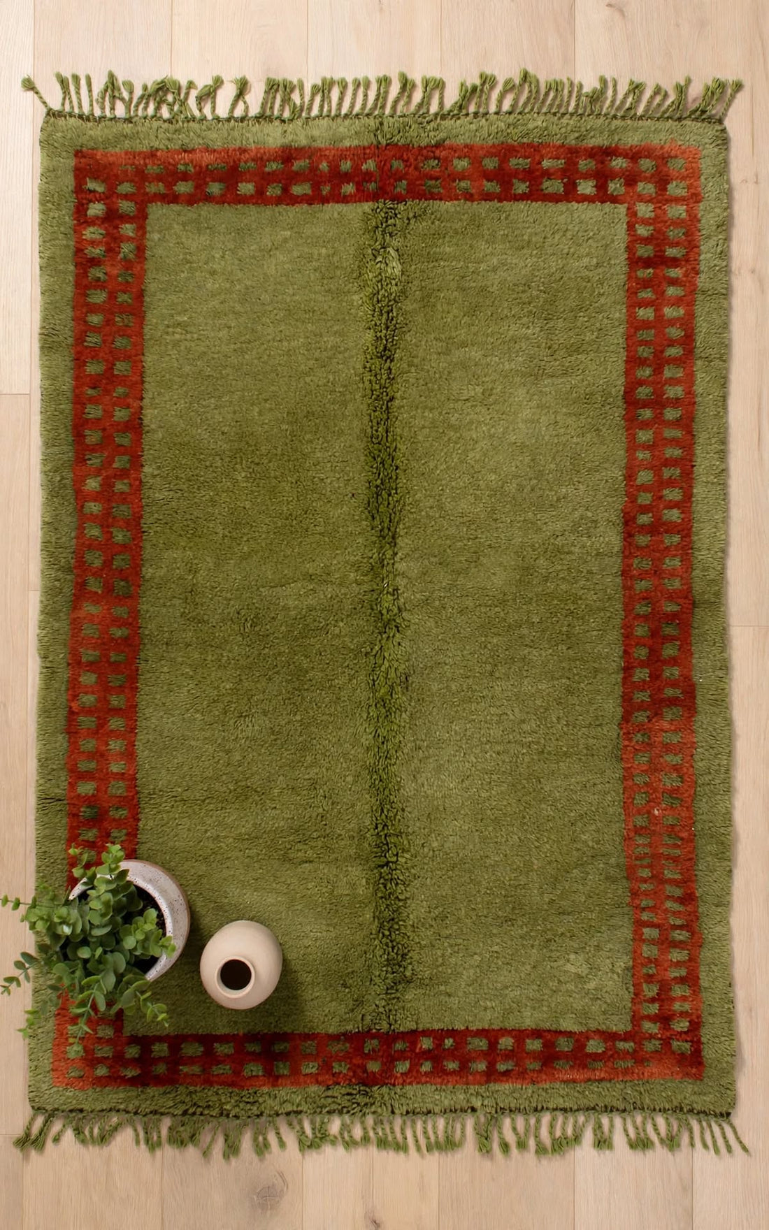 Earthy Olive Green Moroccan Berber Wool Rug with Rust Border, handmade in Bhadohi India – photo 6