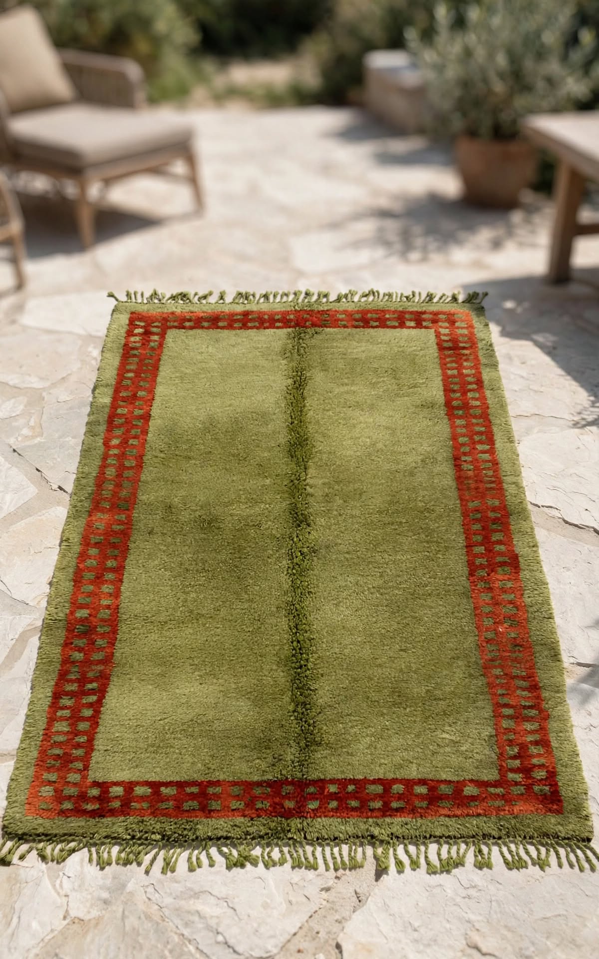 Earthy Olive Green Moroccan Berber Wool Rug with Rust Border, handmade in Bhadohi India – photo 8