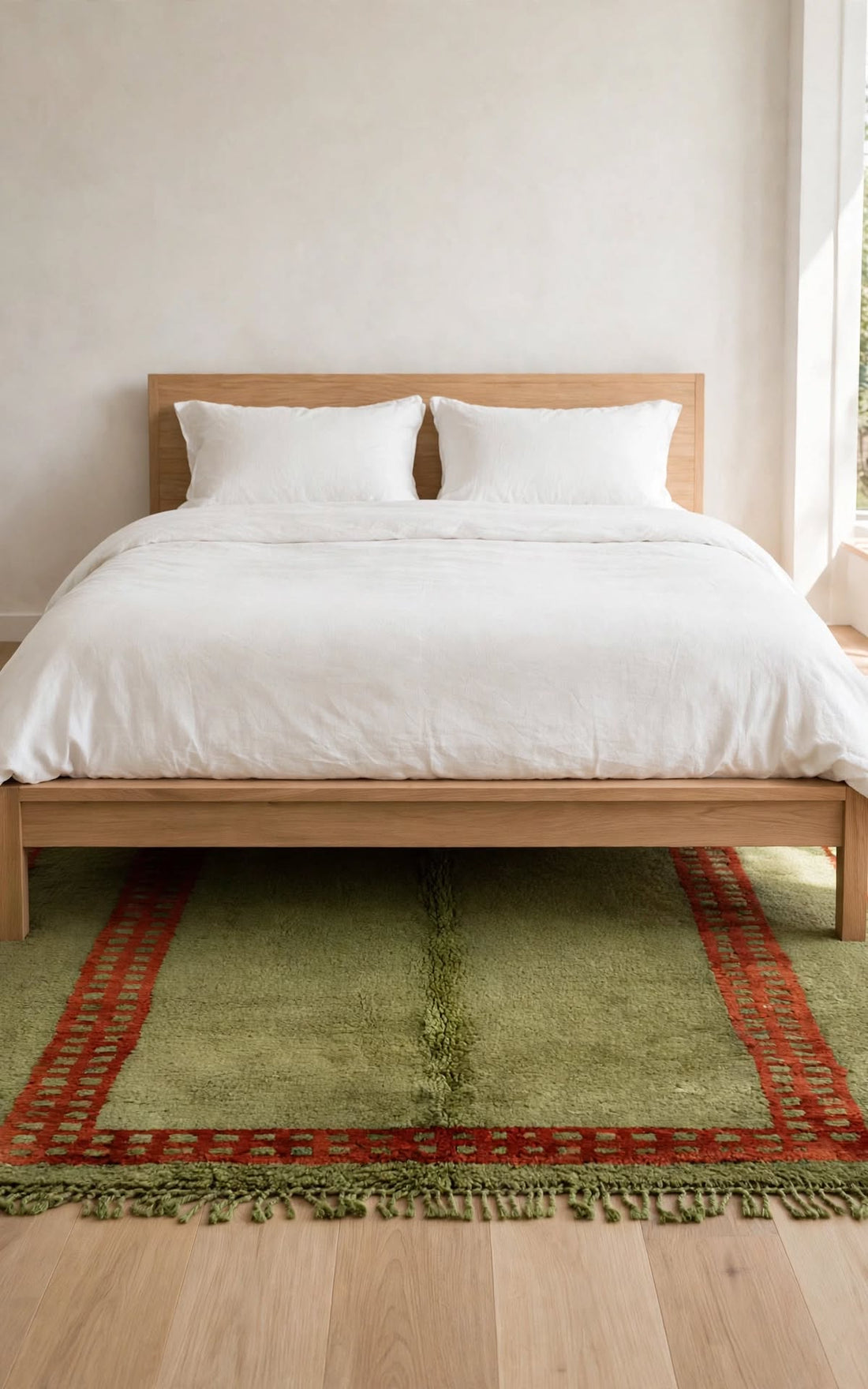 Earthy Olive Green Moroccan Berber Wool Rug with Rust Border, handmade in Bhadohi India – photo 9