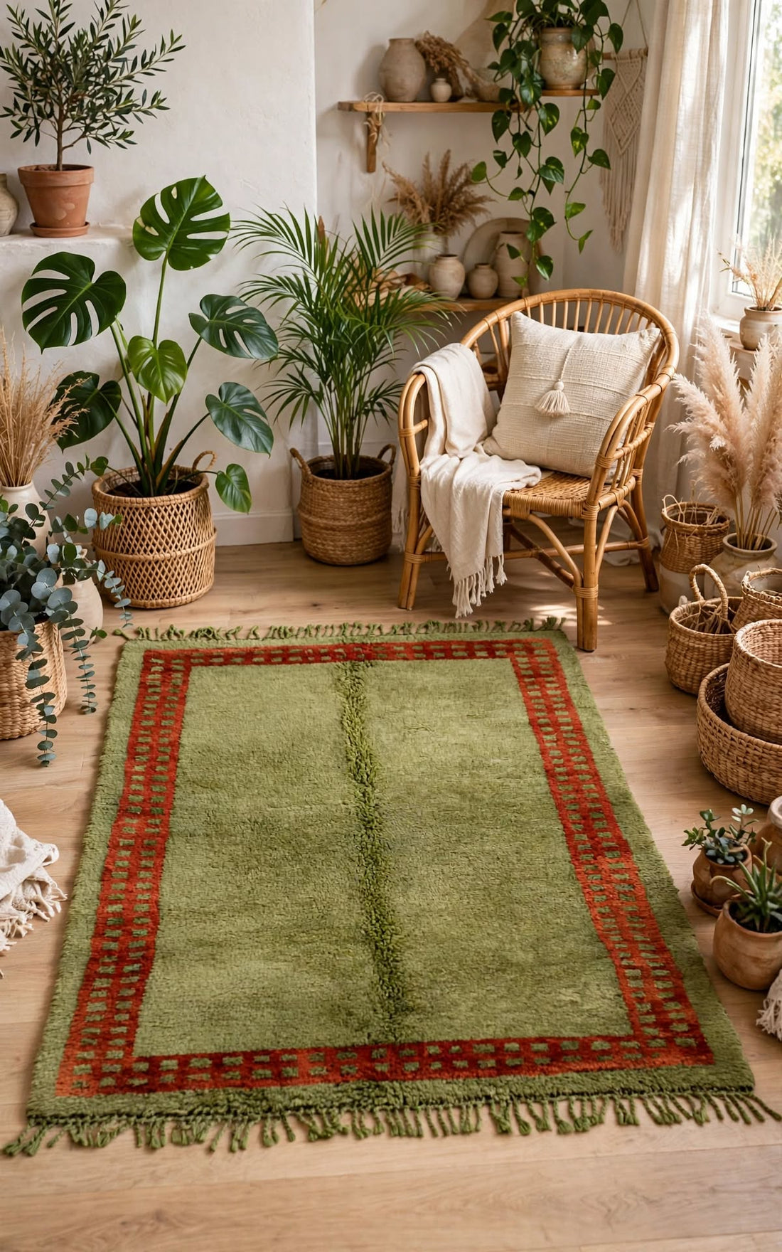 Earthy Olive Green Moroccan Berber Wool Rug with Rust Border, handmade in Bhadohi India – photo 10
