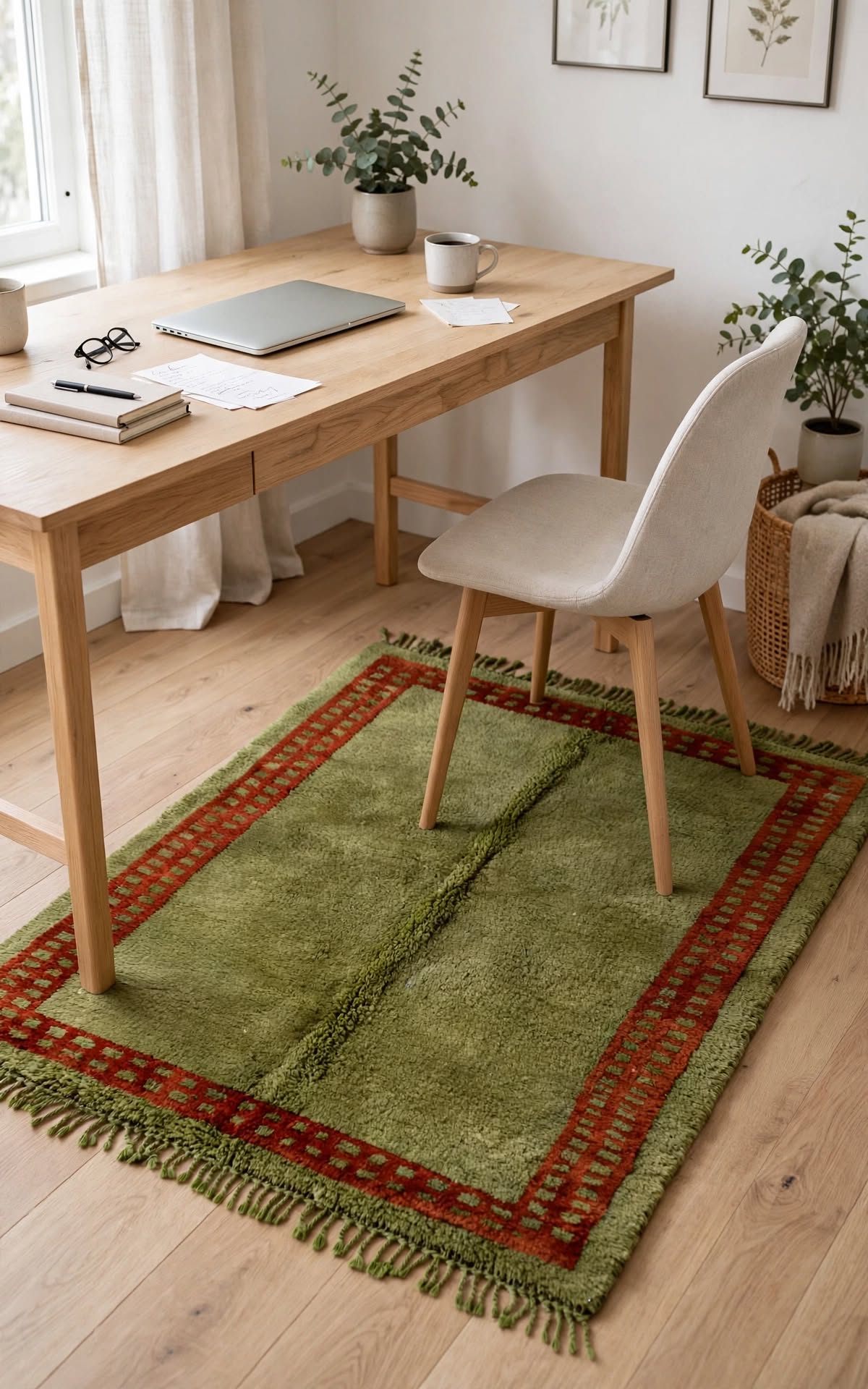Earthy Olive Green Moroccan Berber Wool Rug with Rust Border, handmade in Bhadohi India – photo 11
