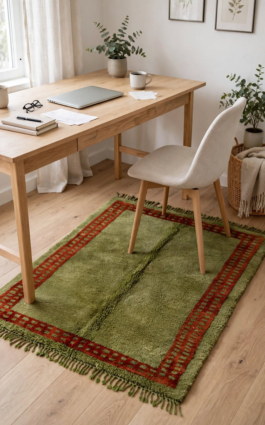 Earthy Olive Green Moroccan Berber Wool Rug with Rust Border, handmade in Bhadohi India – photo 11