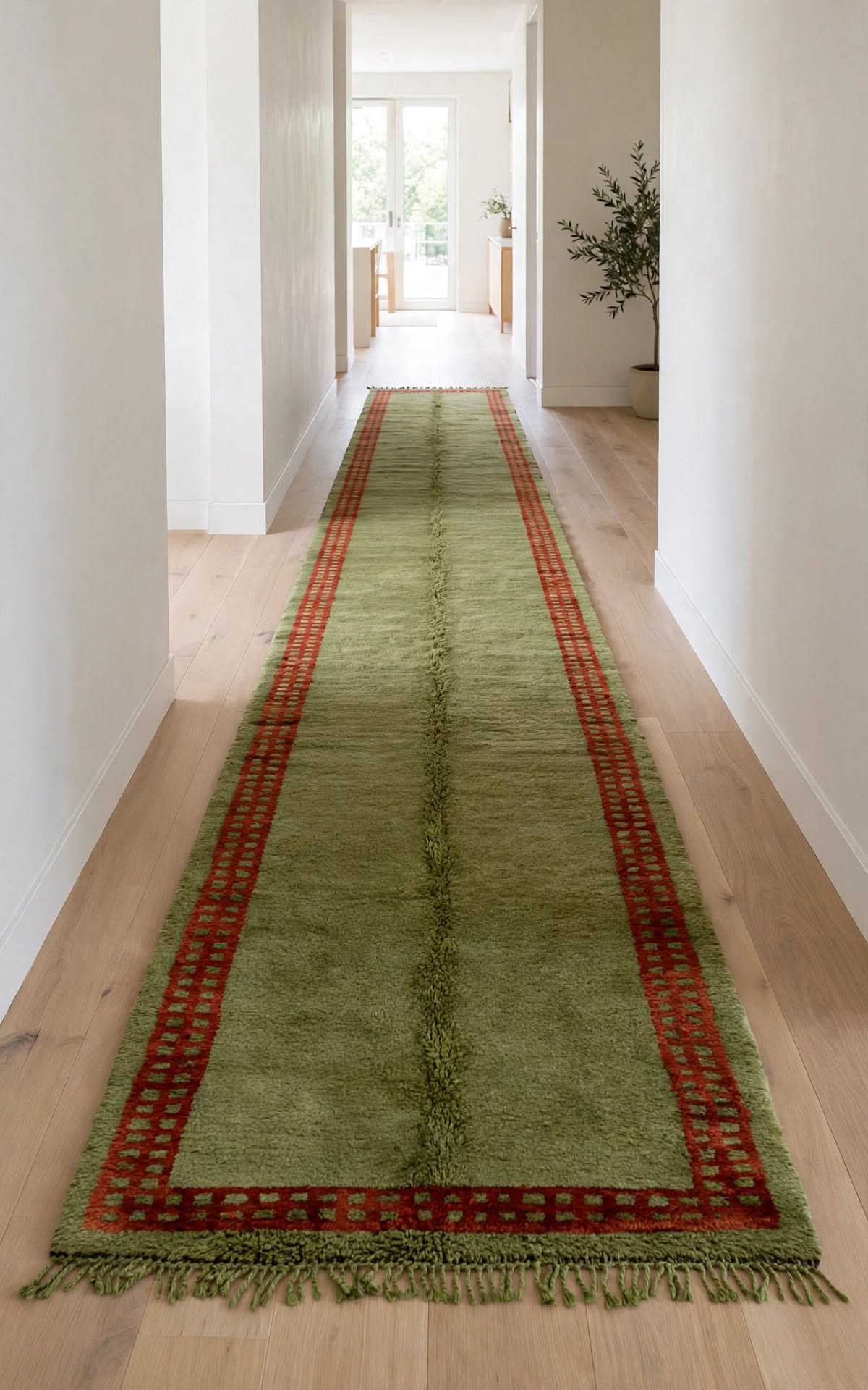 Earthy Olive Green Moroccan Berber Wool Rug with Rust Border, handmade in Bhadohi India – photo 12