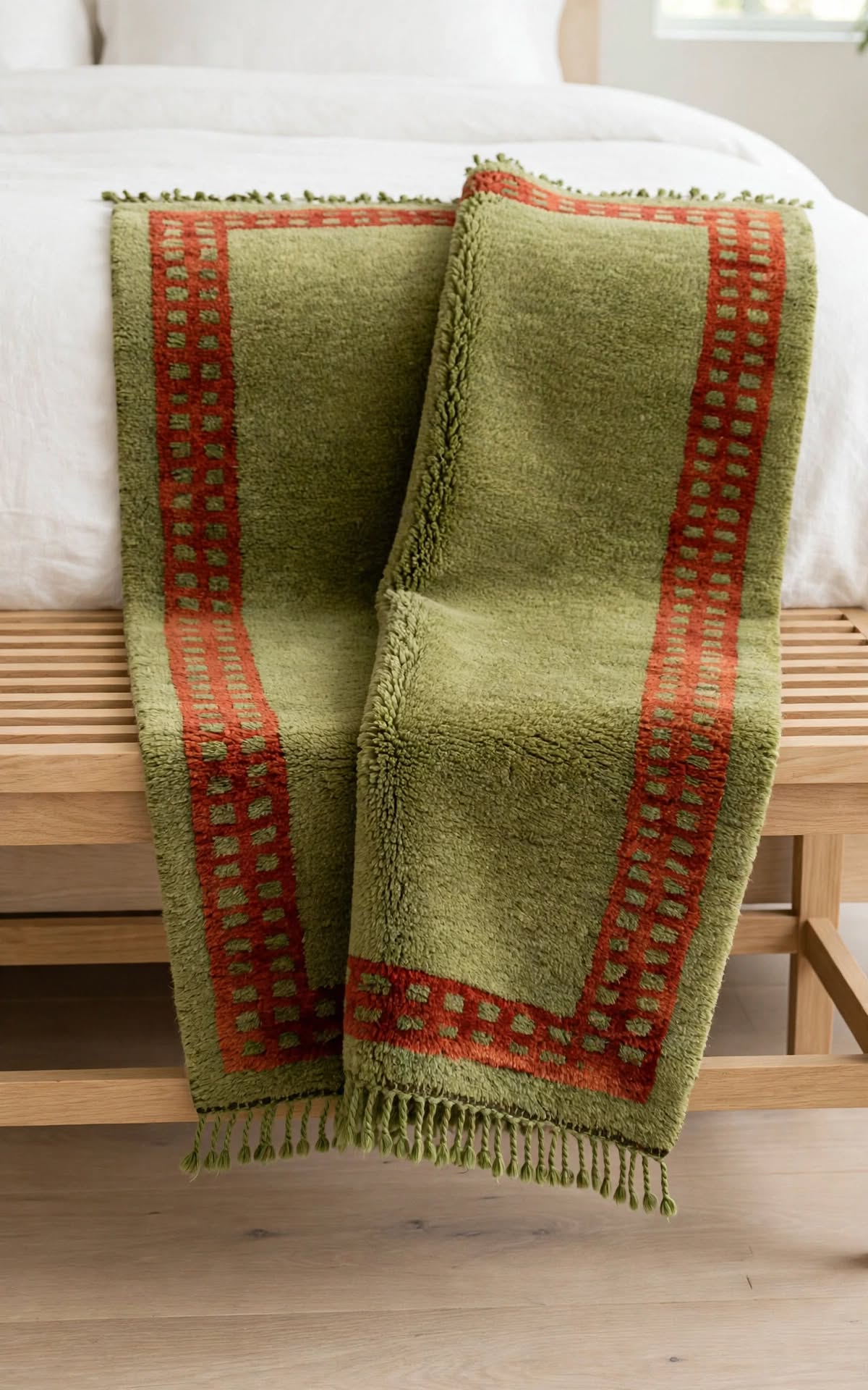 Earthy Olive Green Moroccan Berber Wool Rug with Rust Border, handmade in Bhadohi India – photo 13