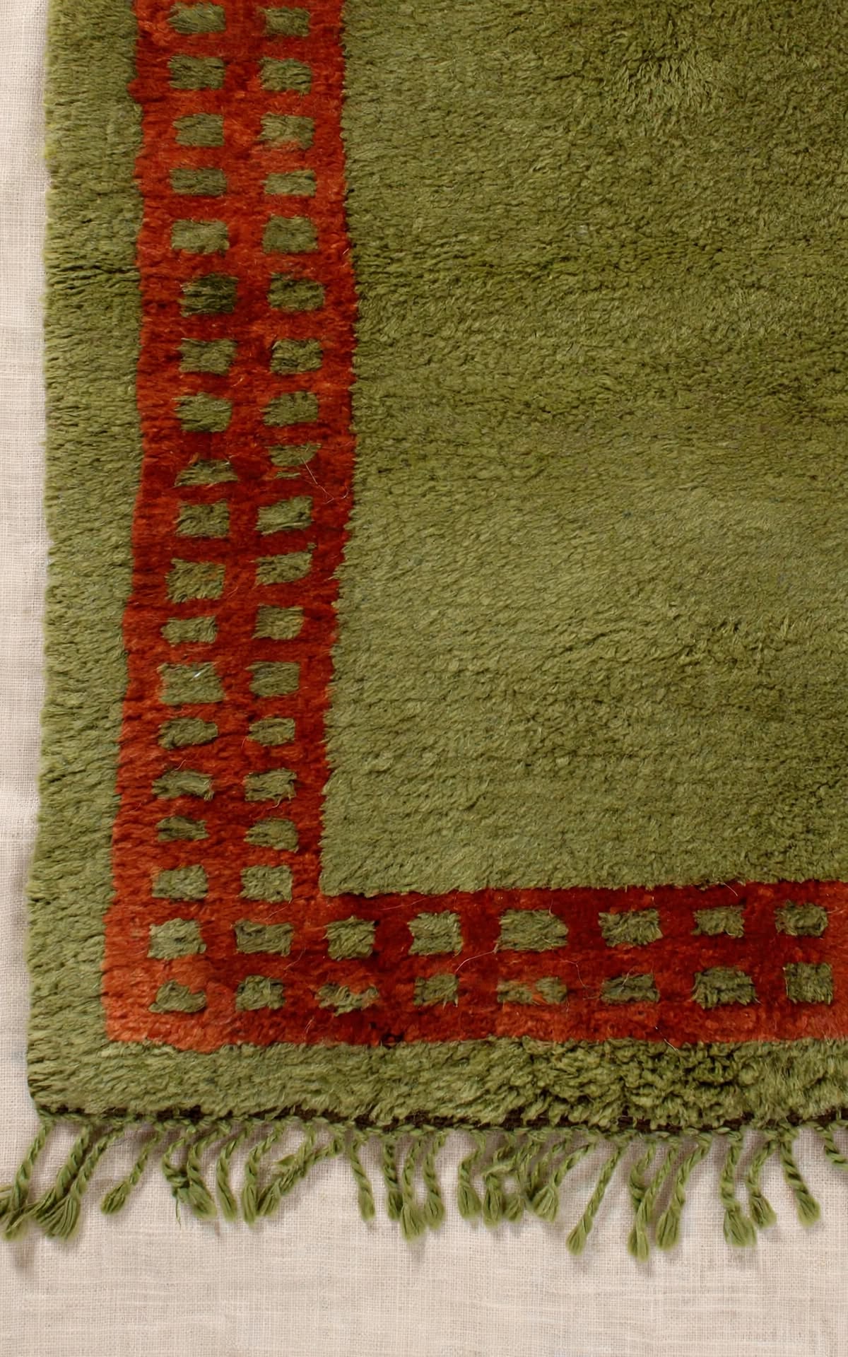 Earthy Olive Green Moroccan Berber Wool Rug with Rust Border, handmade in Bhadohi India – photo 14