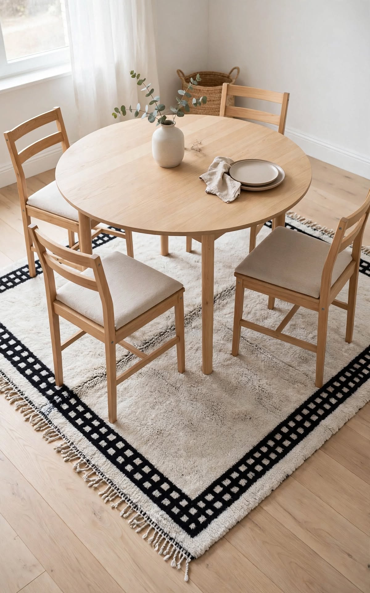 Cream Ivory Moroccan Berber Wool Rug with Black Geometric Border, handmade in Bhadohi India – photo 1