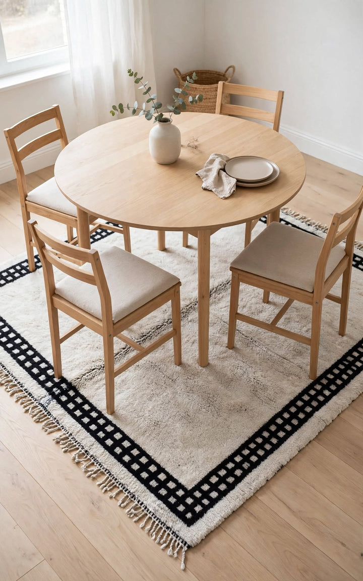 Cream Ivory Moroccan Berber Wool Rug with Black Geometric Border, handmade in Bhadohi India – photo 1