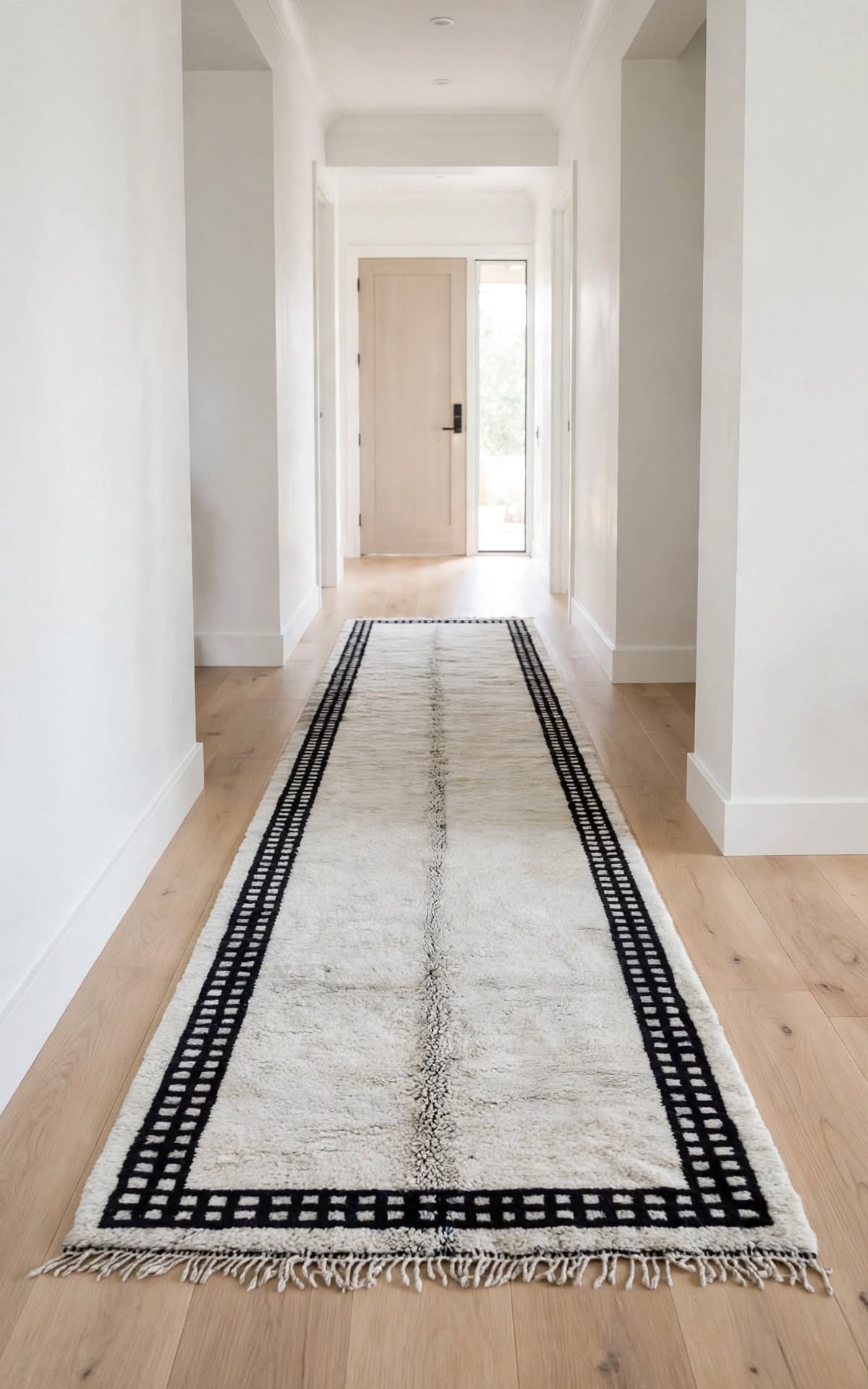 Cream Ivory Moroccan Berber Wool Rug with Black Geometric Border, handmade in Bhadohi India – photo 9