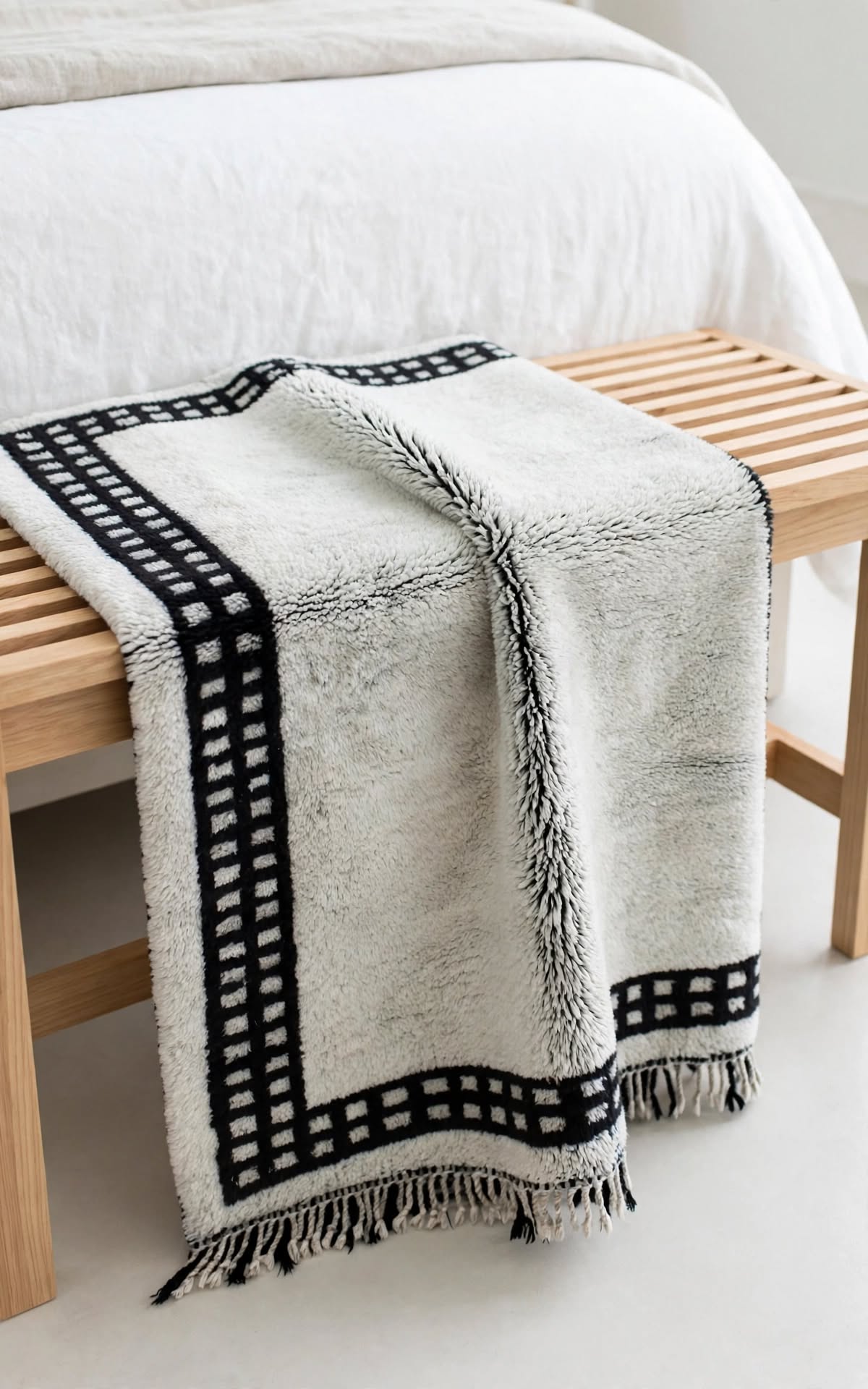 Cream Ivory Moroccan Berber Wool Rug with Black Geometric Border, handmade in Bhadohi India – photo 13