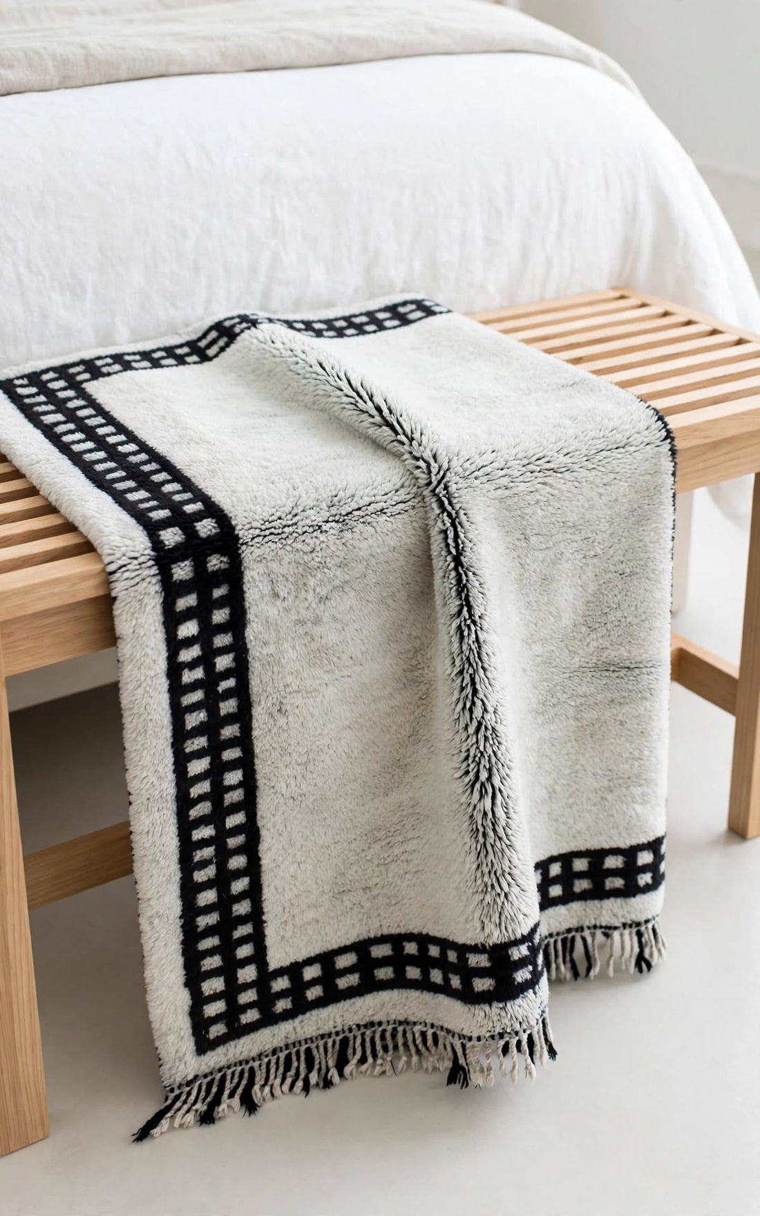 Cream Ivory Moroccan Berber Wool Rug with Black Geometric Border, handmade in Bhadohi India – photo 13